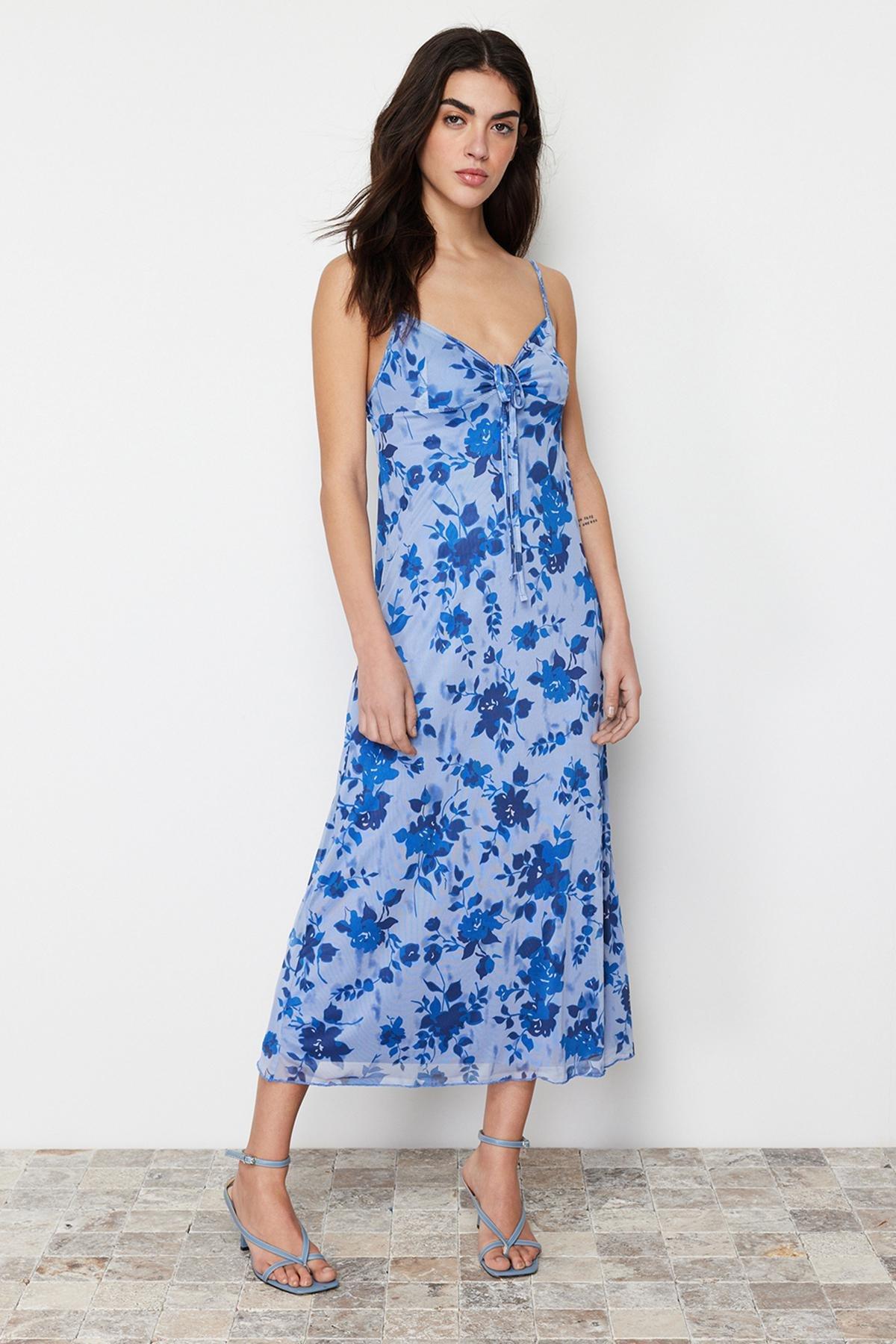 Blue Printed Knitted Maxi Dress, , large image number 1