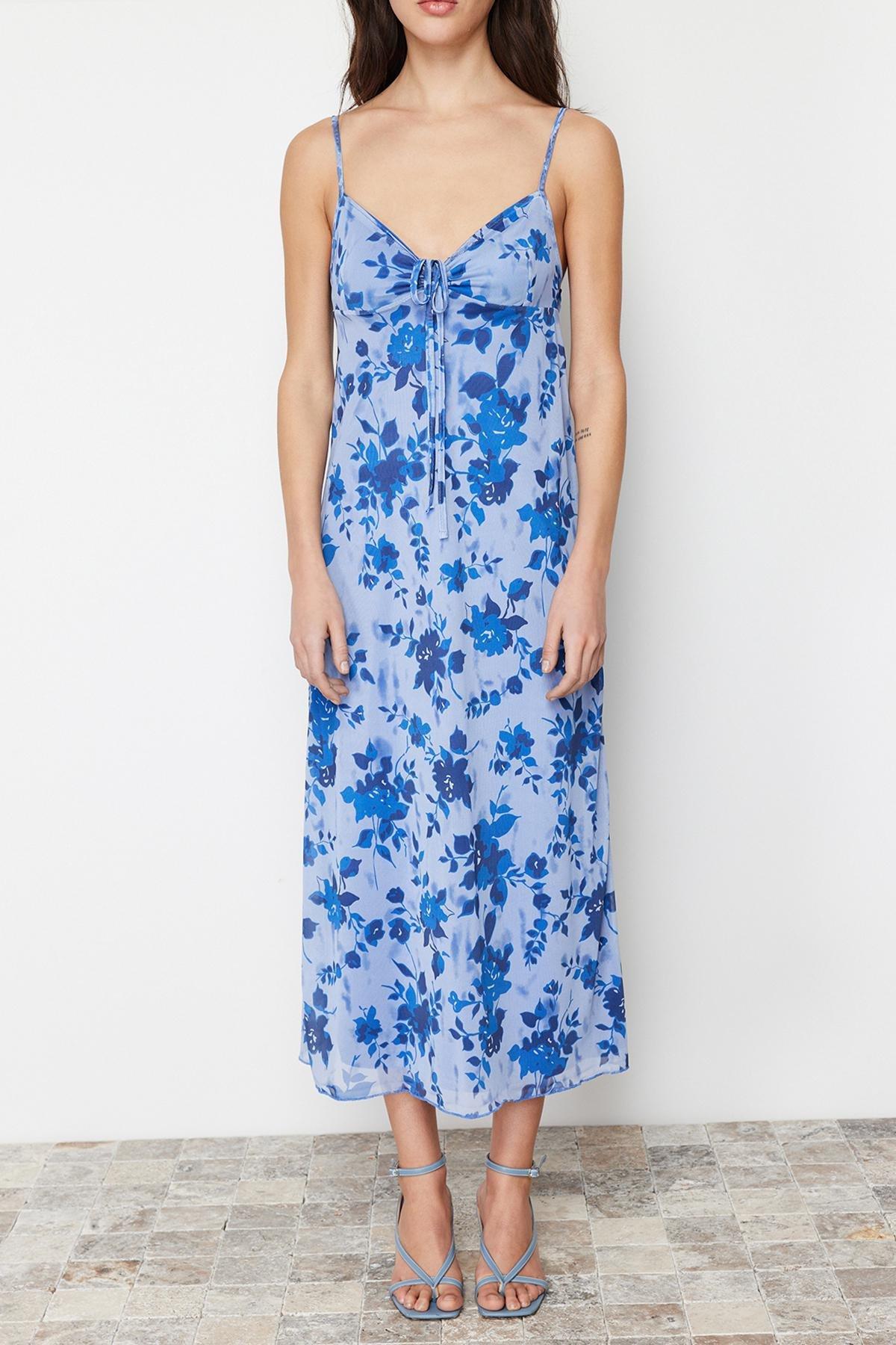 Blue Printed Knitted Maxi Dress, , large image number 3