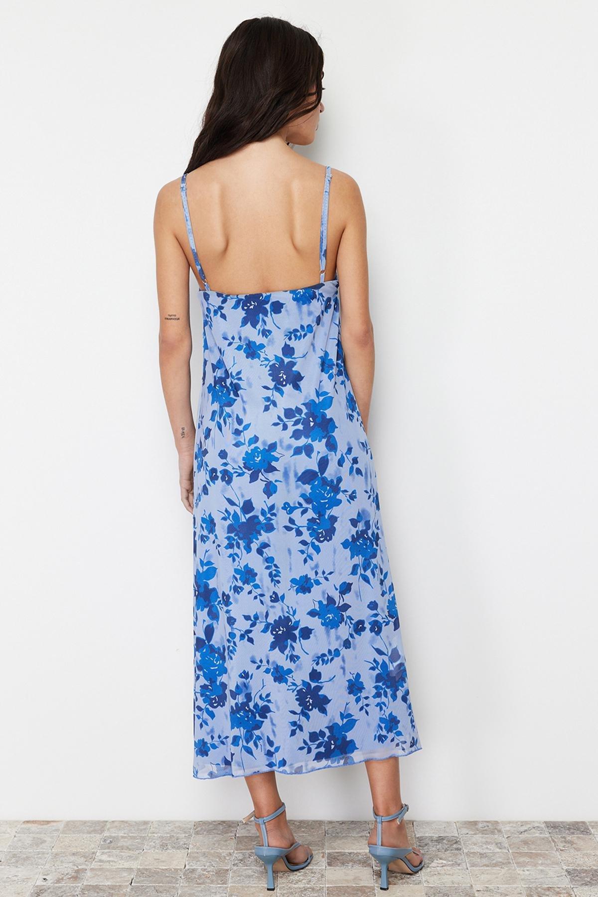Blue Printed Knitted Maxi Dress, , large image number 4
