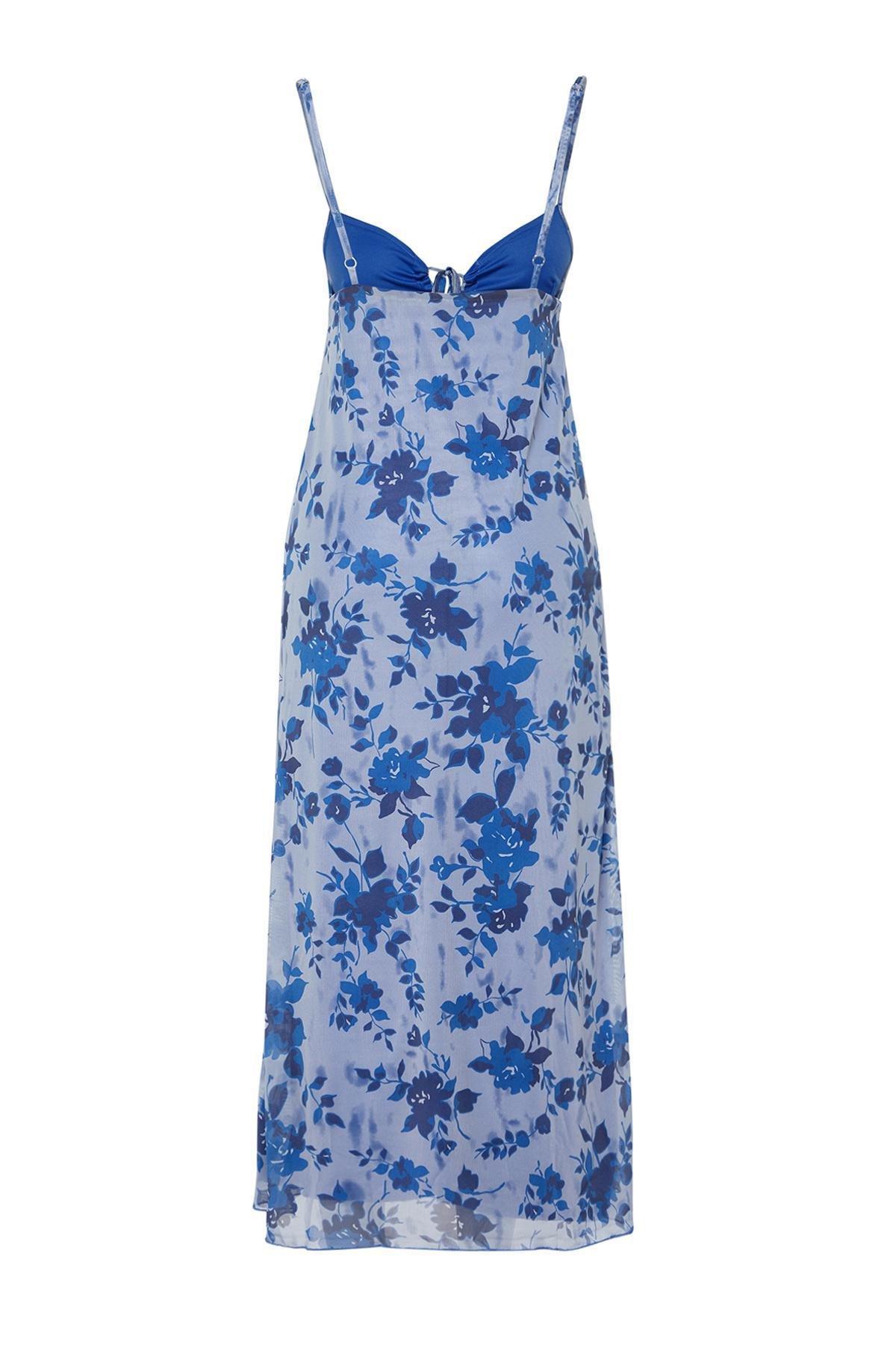 Blue Printed Knitted Maxi Dress, , large image number 5