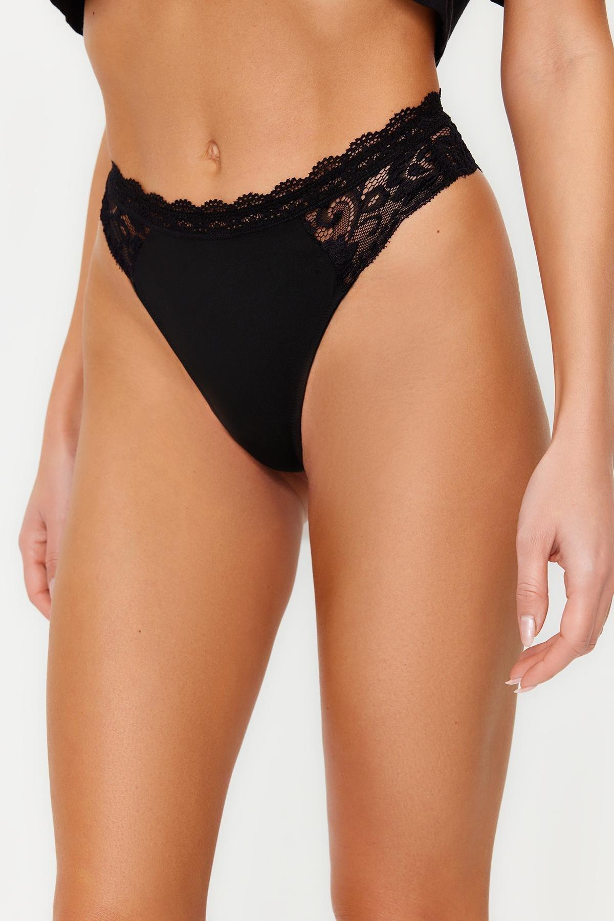 Black Detailed Thong Panties, set of 3, , large image number 2