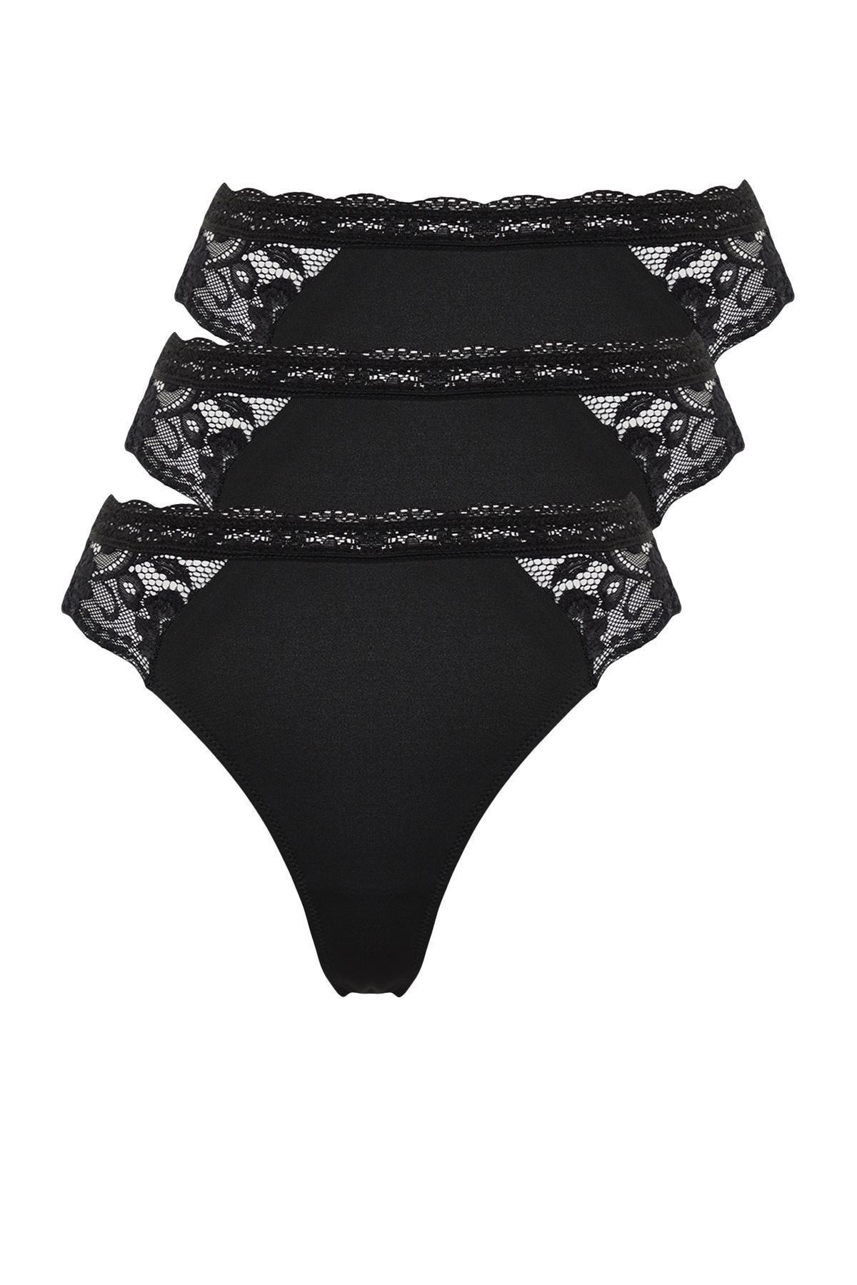 Black Detailed Thong Panties, set of 3, , large image number 5