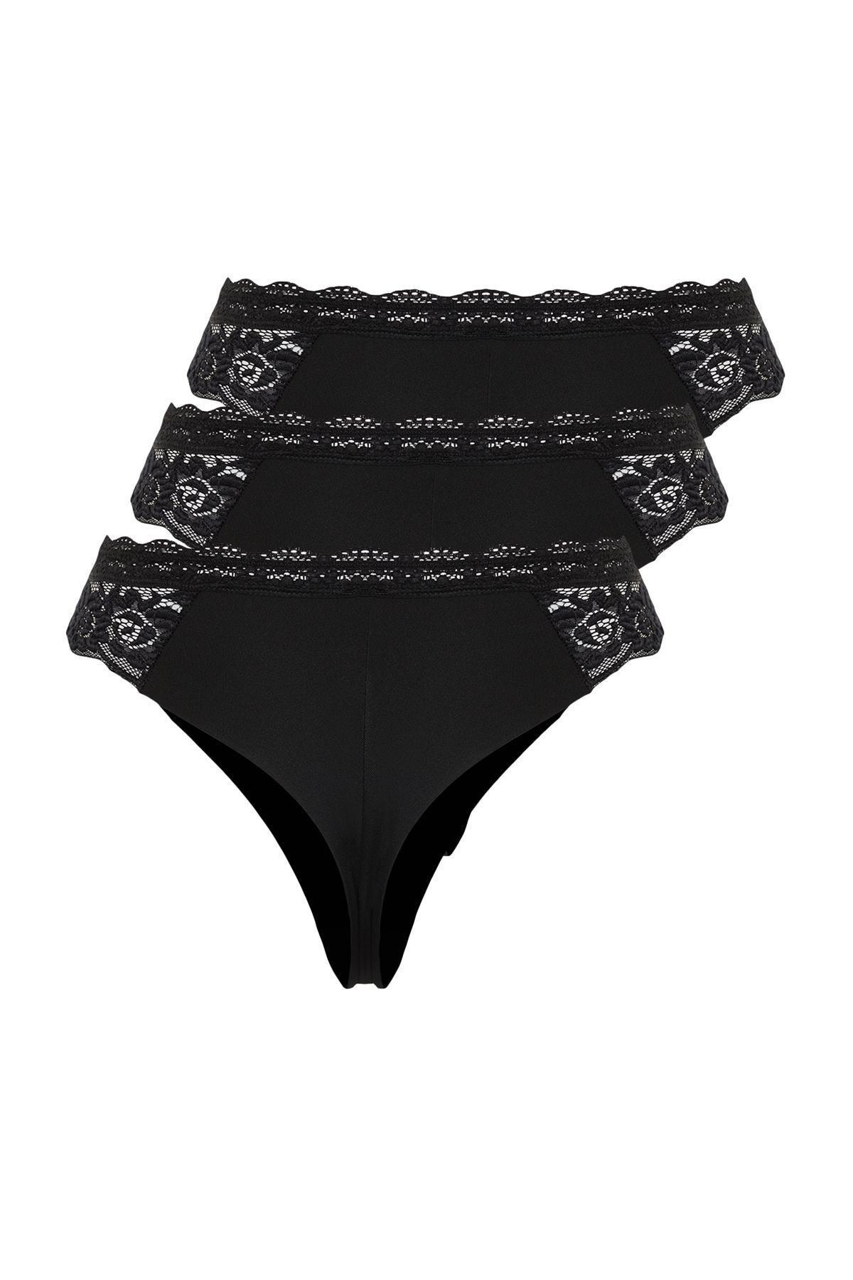 Black Detailed Thong Panties, set of 3, , large image number 6