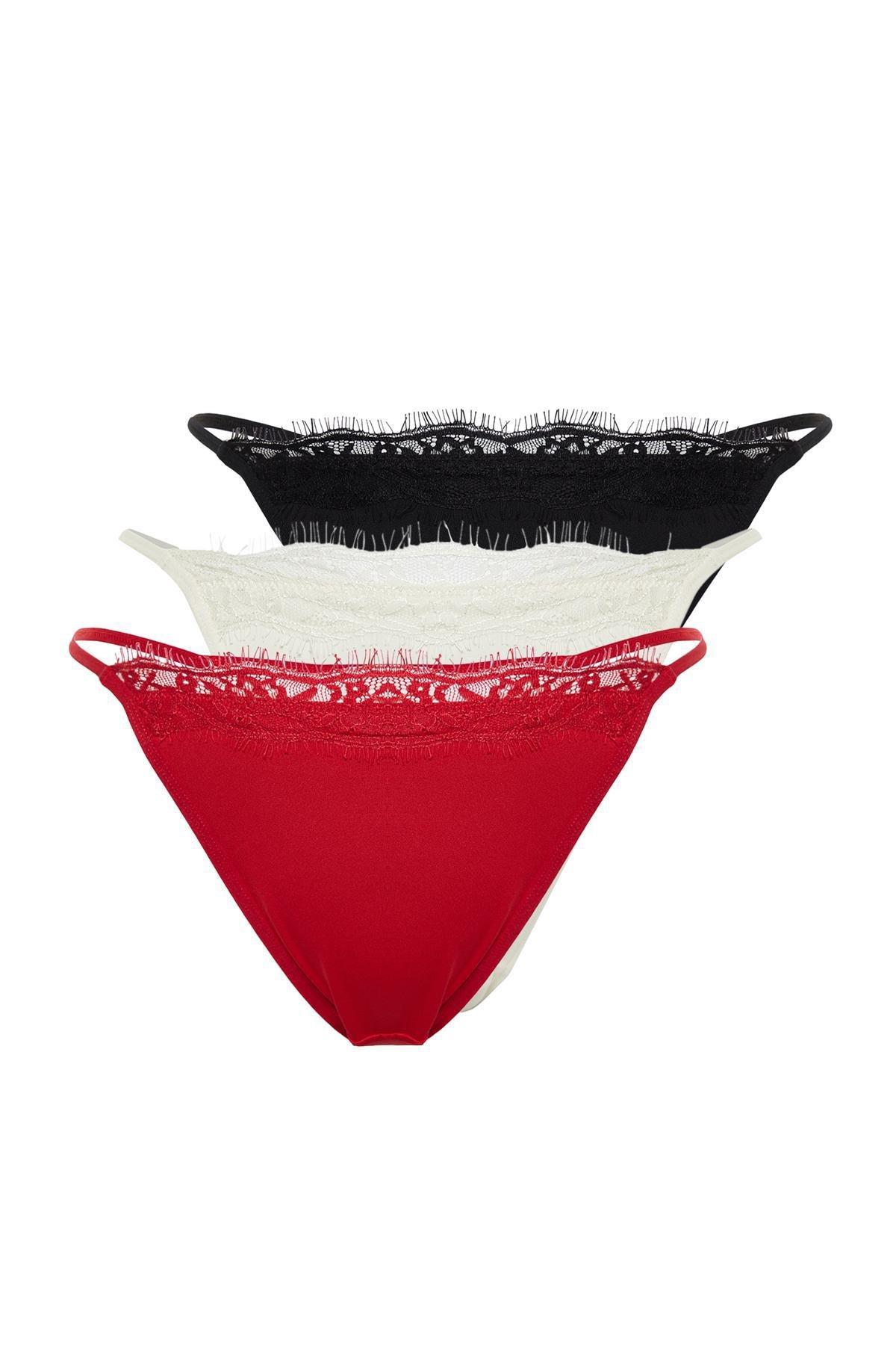 Multicolour Polyamide Lace Detail Thong Panties, Set Of 3, , large image number 5