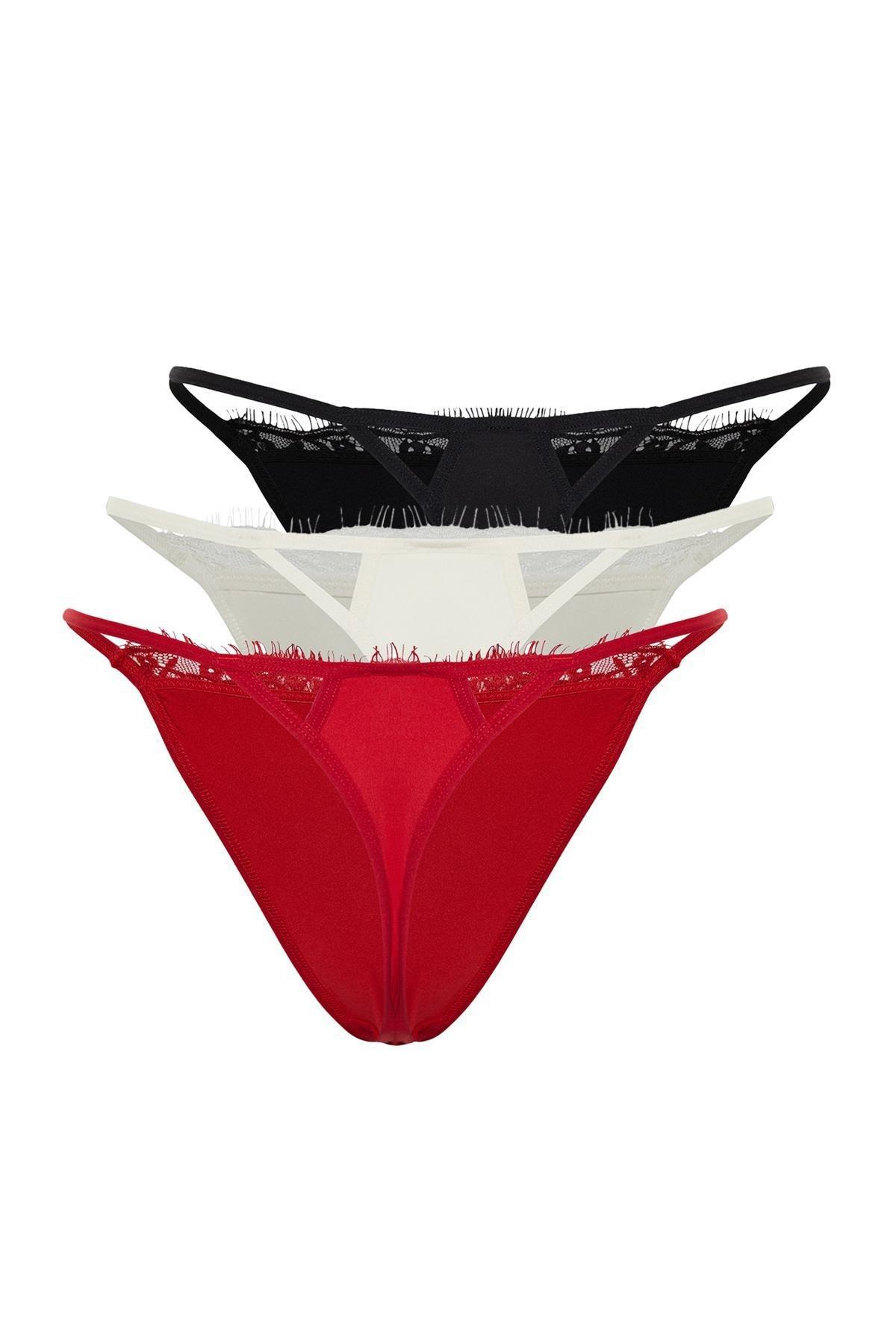 Multicolour Polyamide Lace Detail Thong Panties, Set Of 3, , large image number 6