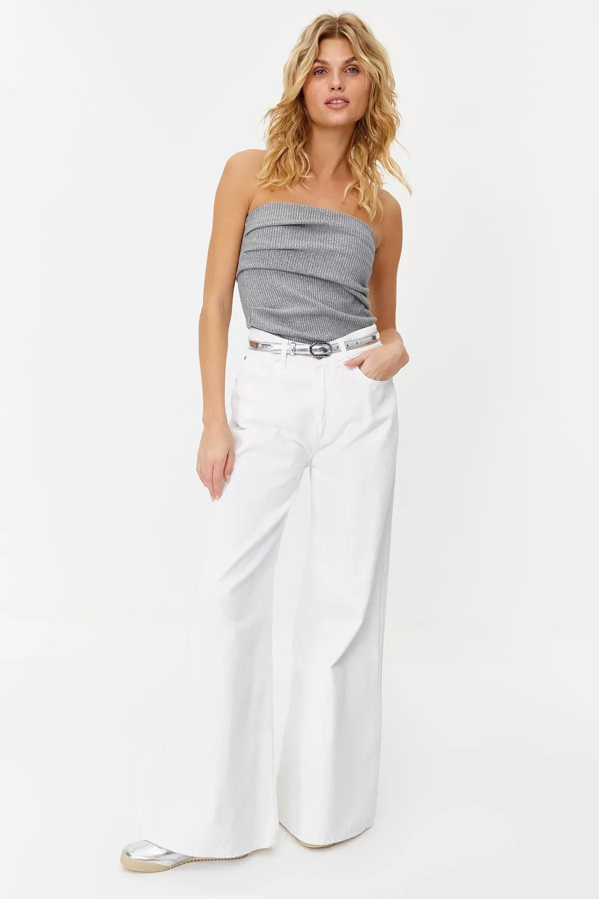 Gray Strapless Elastic Knitted Blouse, , large image number 2