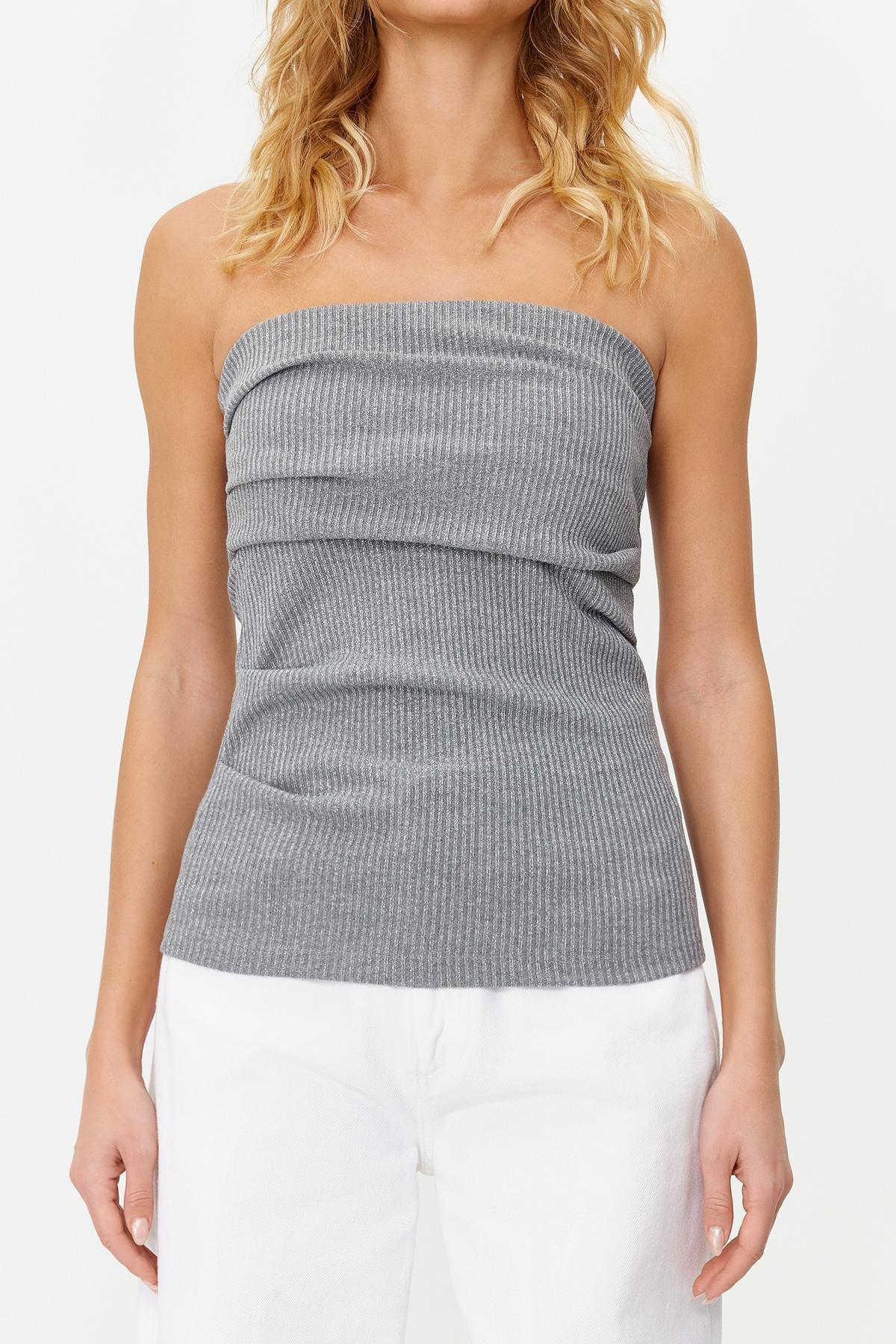 Trendyol - Gray Strapless Elastic Knitted Blouse