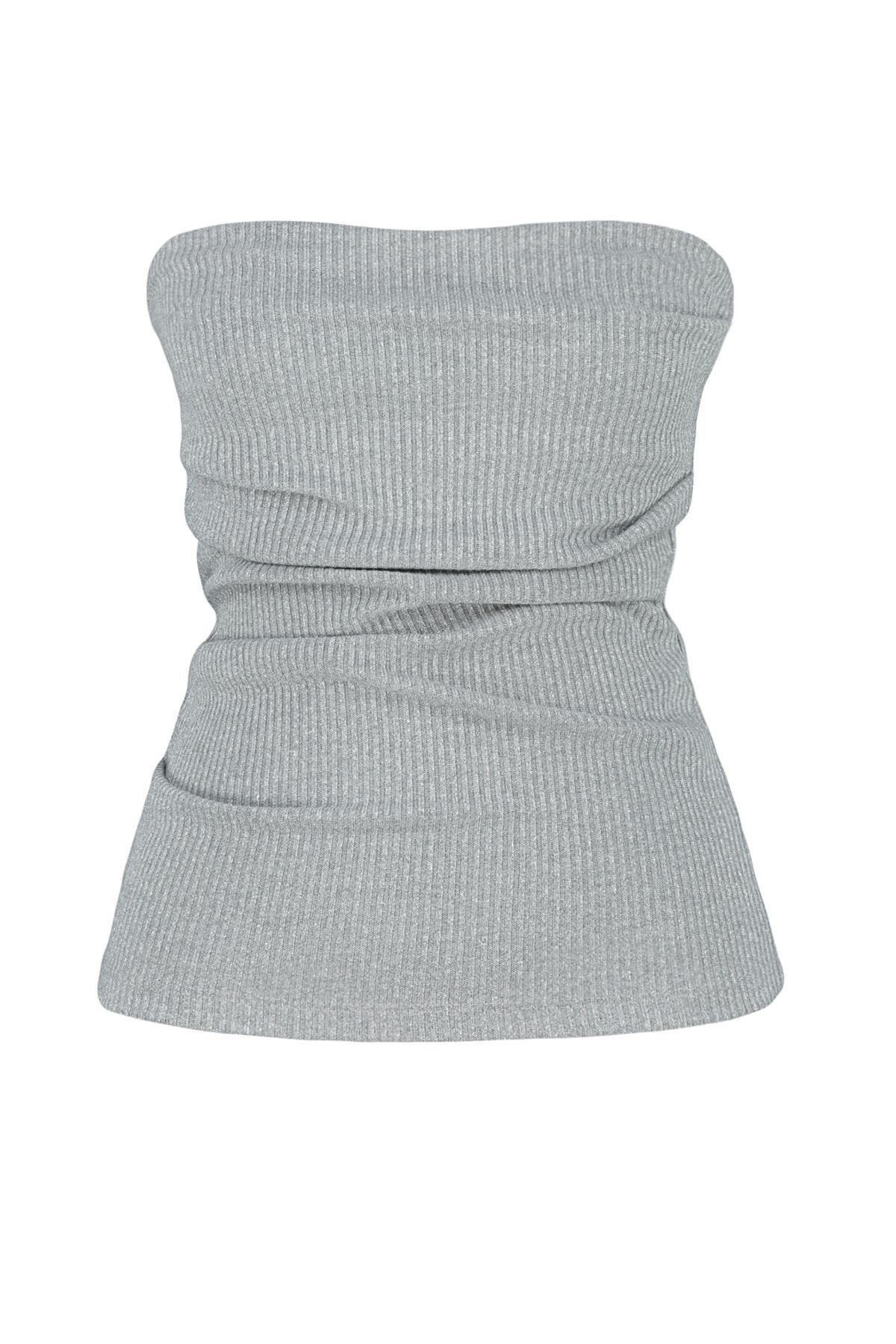 Trendyol - Gray Strapless Elastic Knitted Blouse