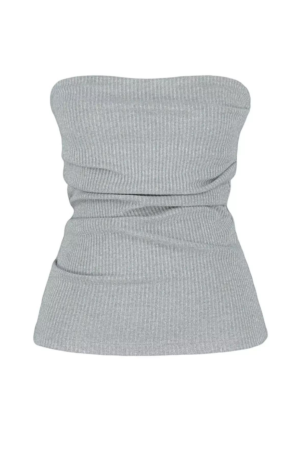 Gray Strapless Elastic Knitted Blouse, , large image number 5