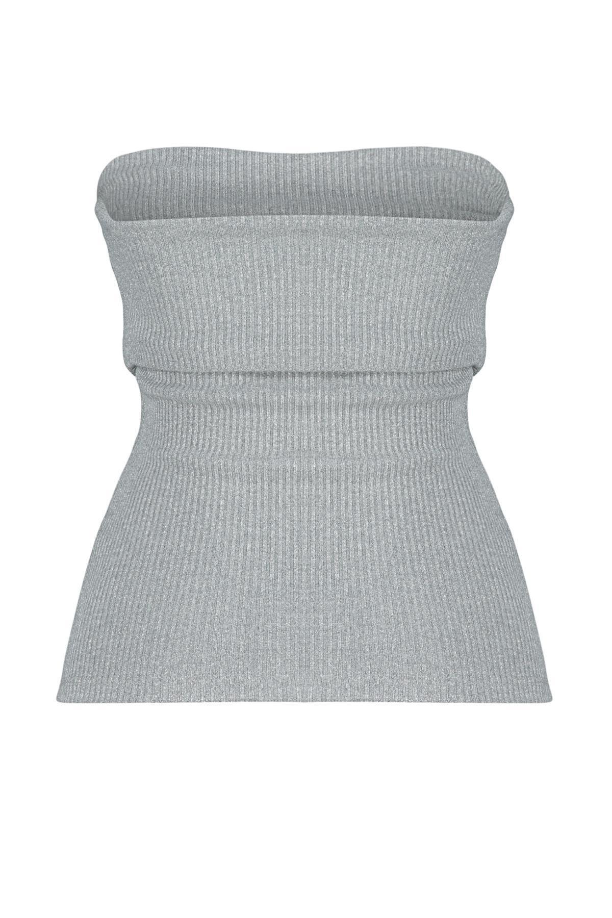 Gray Strapless Elastic Knitted Blouse, , large image number 6