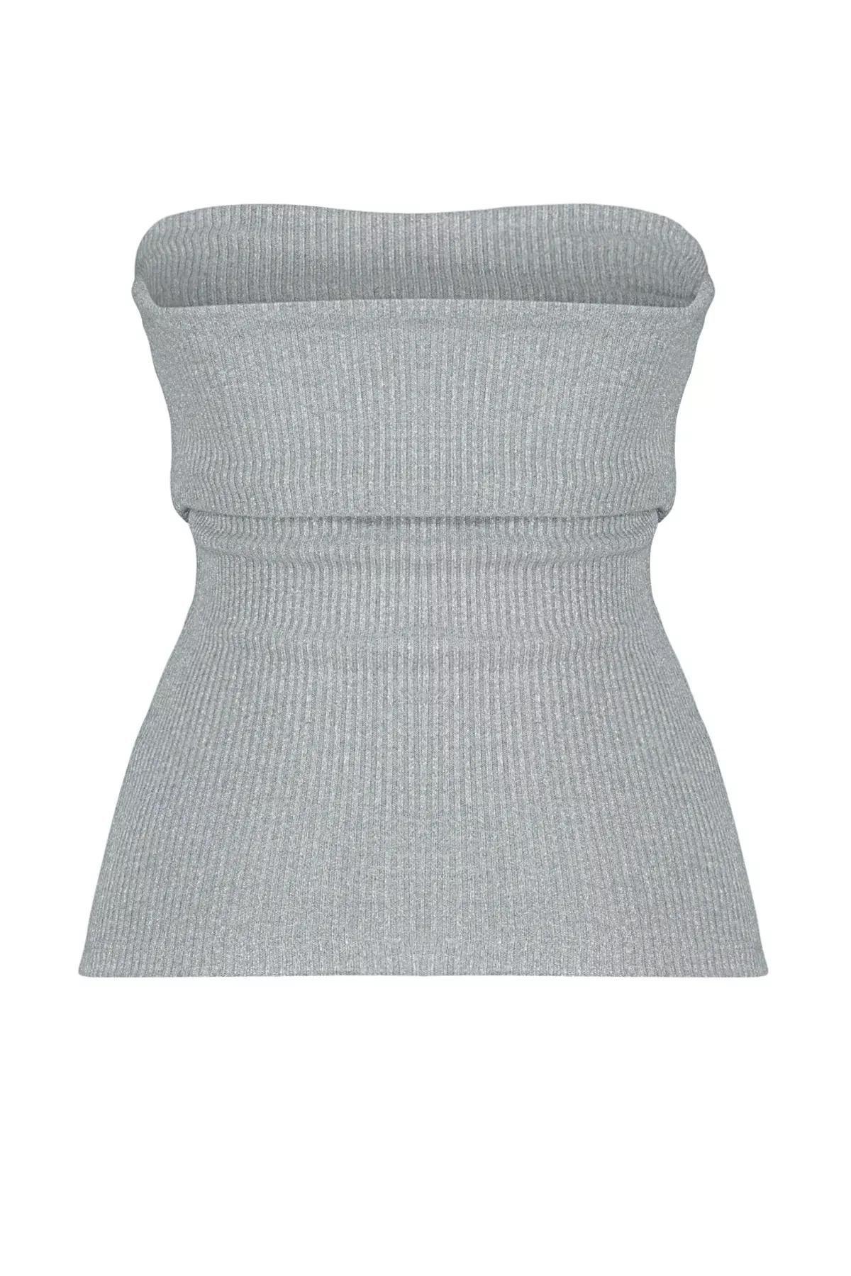 Gray Strapless Elastic Knitted Blouse, , large image number 6