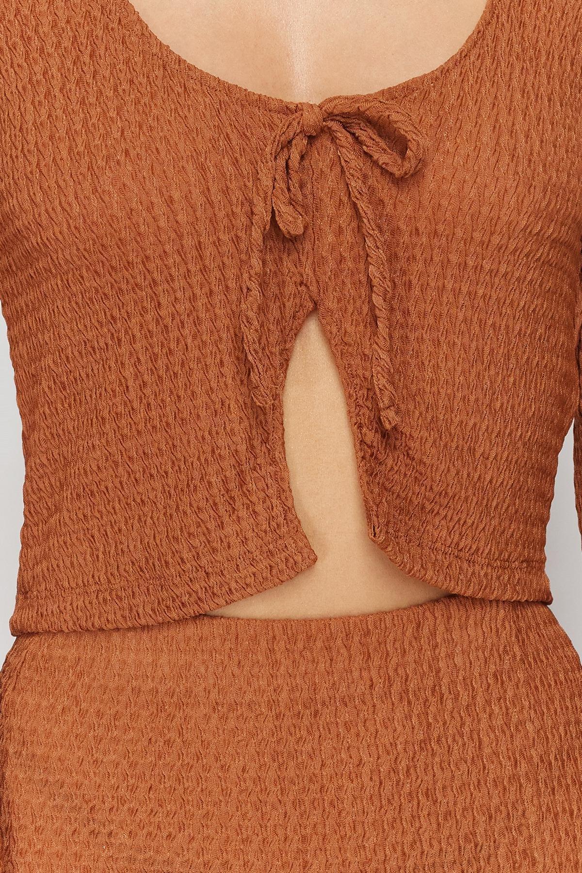 Brown Knitted Tie-Up Blouse Skirt Co-Ord Set, C101_4627, large image number 3