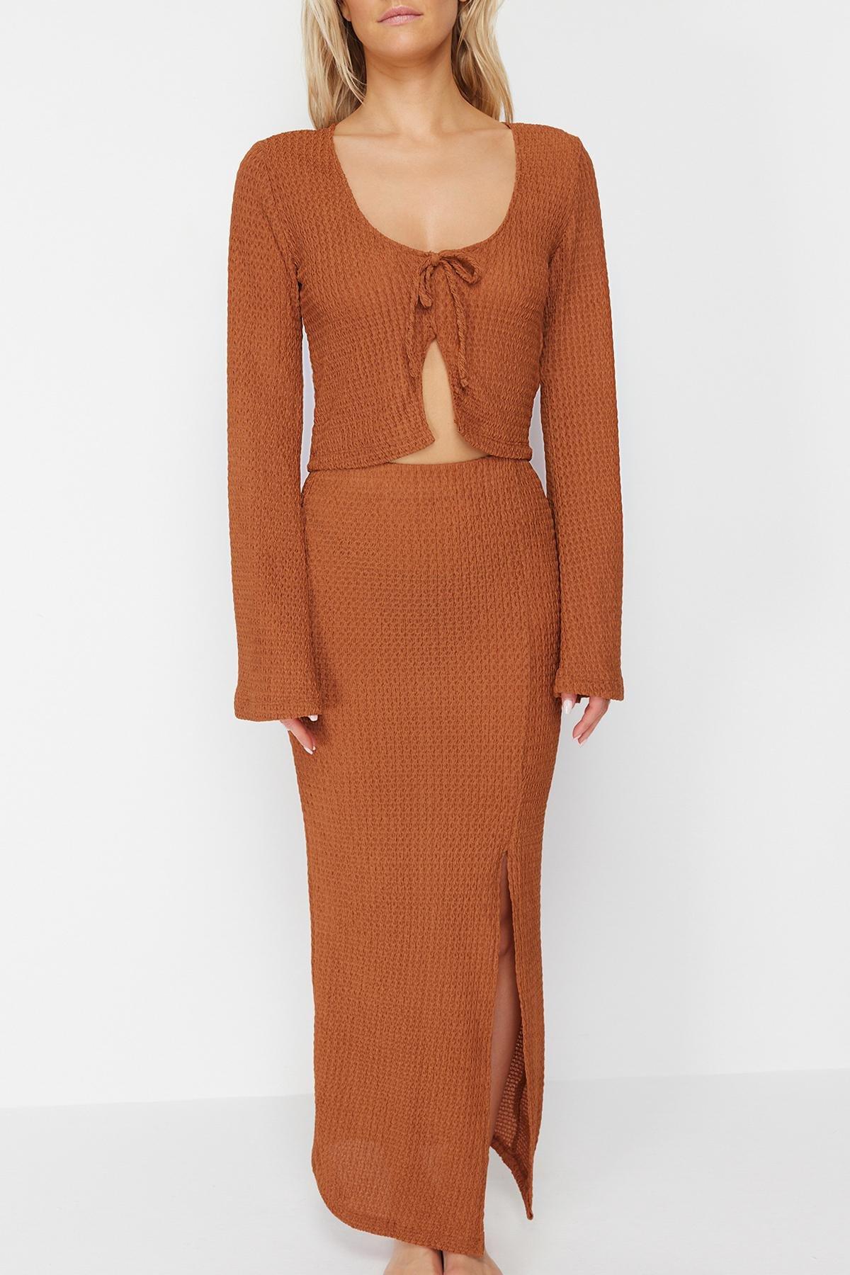 Brown Knitted Tie-Up Blouse Skirt Co-Ord Set, C101_4627, large image number 4
