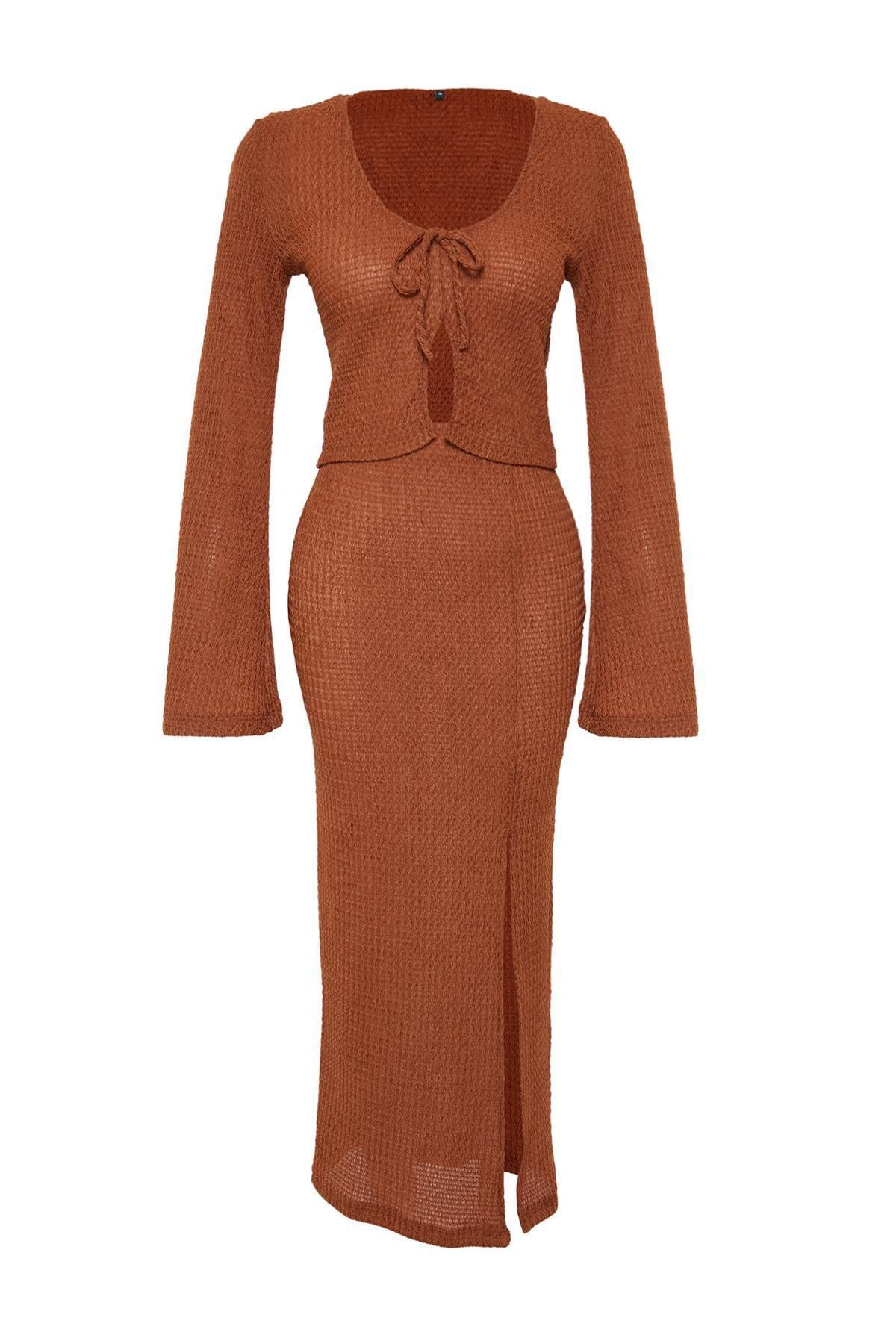 Brown Knitted Tie-Up Blouse Skirt Co-Ord Set, C101_4627, large image number 5