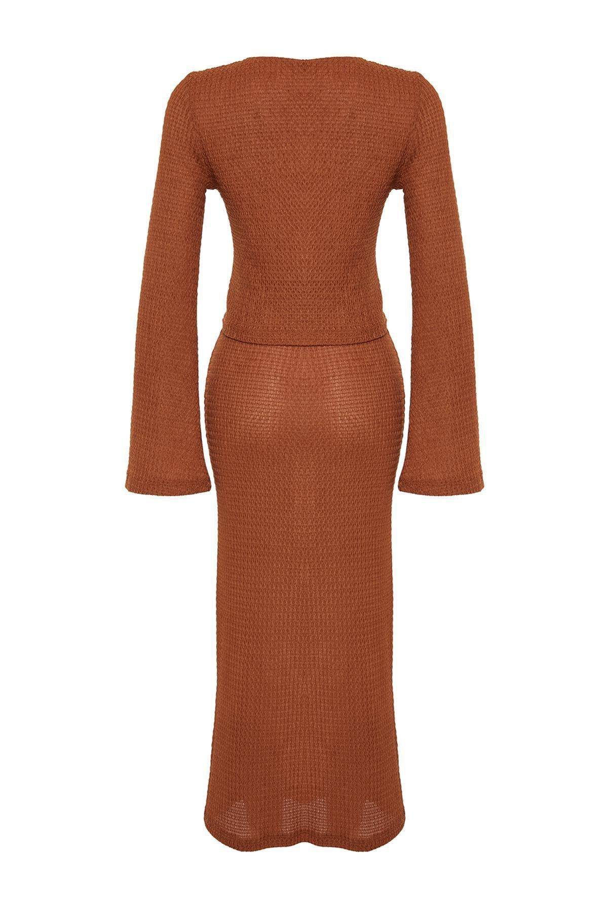Brown Knitted Tie-Up Blouse Skirt Co-Ord Set, C101_4627, large image number 6