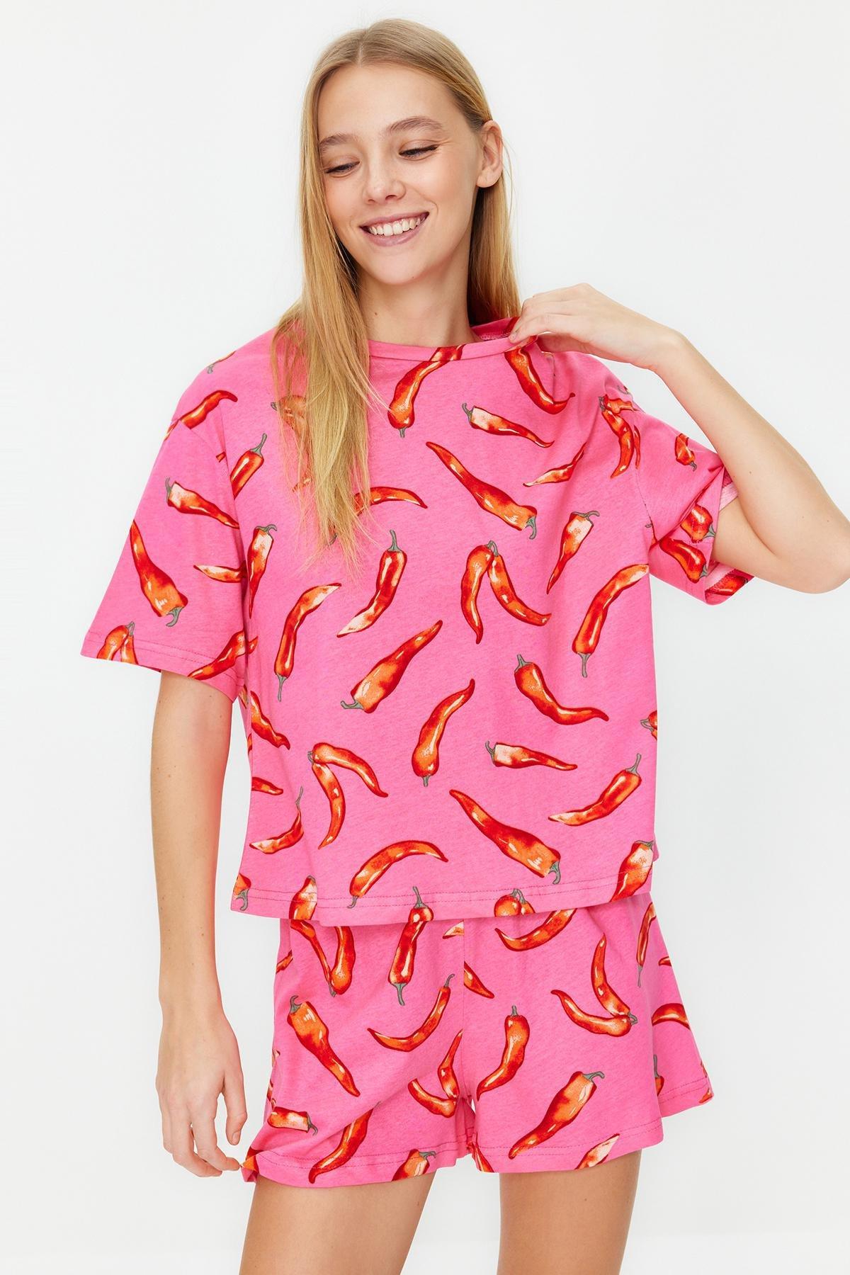 Pink Printed Knitted Pajama Set, , large image number 0