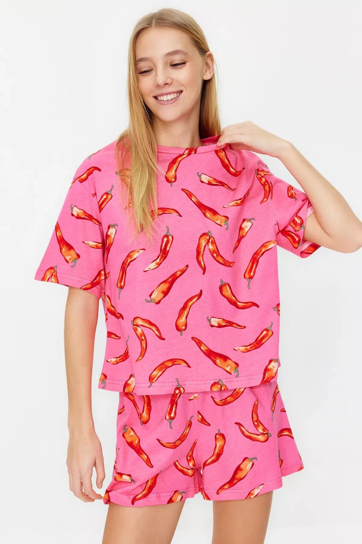 طقم بيجاما مُحاك بطبعة، وردي, Pink-Multicolor, medium