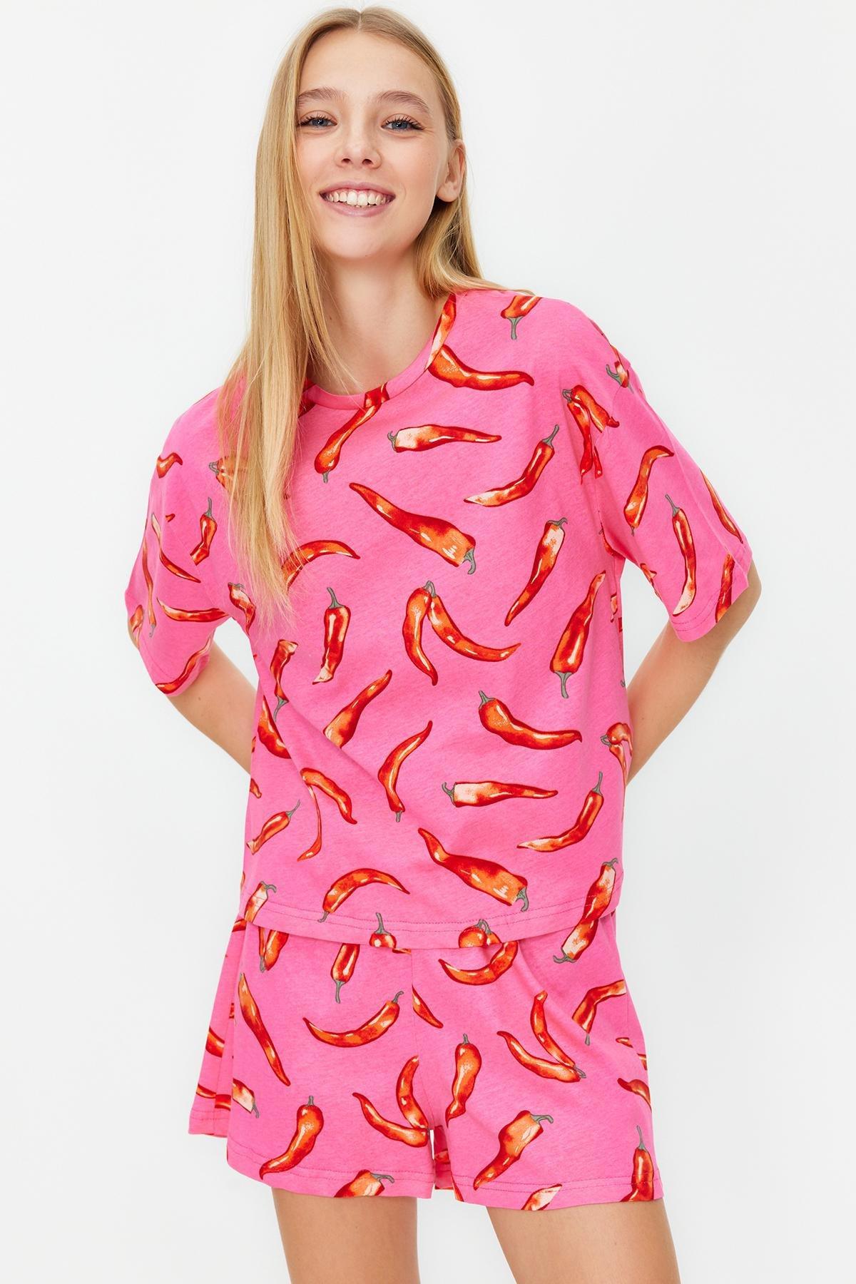 Pink Printed Knitted Pajama Set, , large image number 1