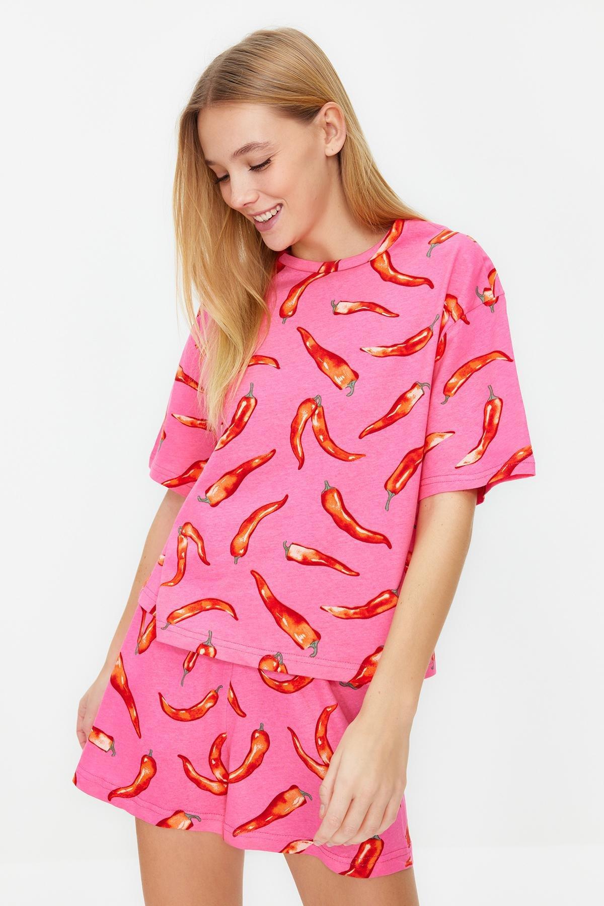 Pink Printed Knitted Pajama Set, , large image number 2