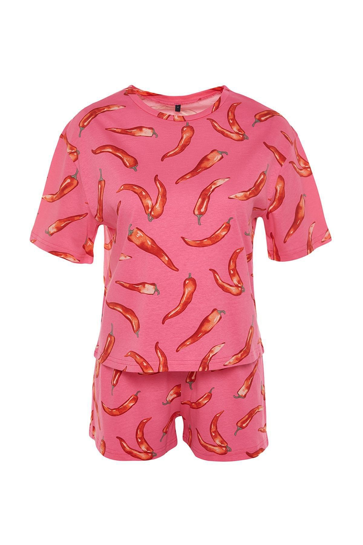 Trendyol - Pink Printed Knitted Pajama Set