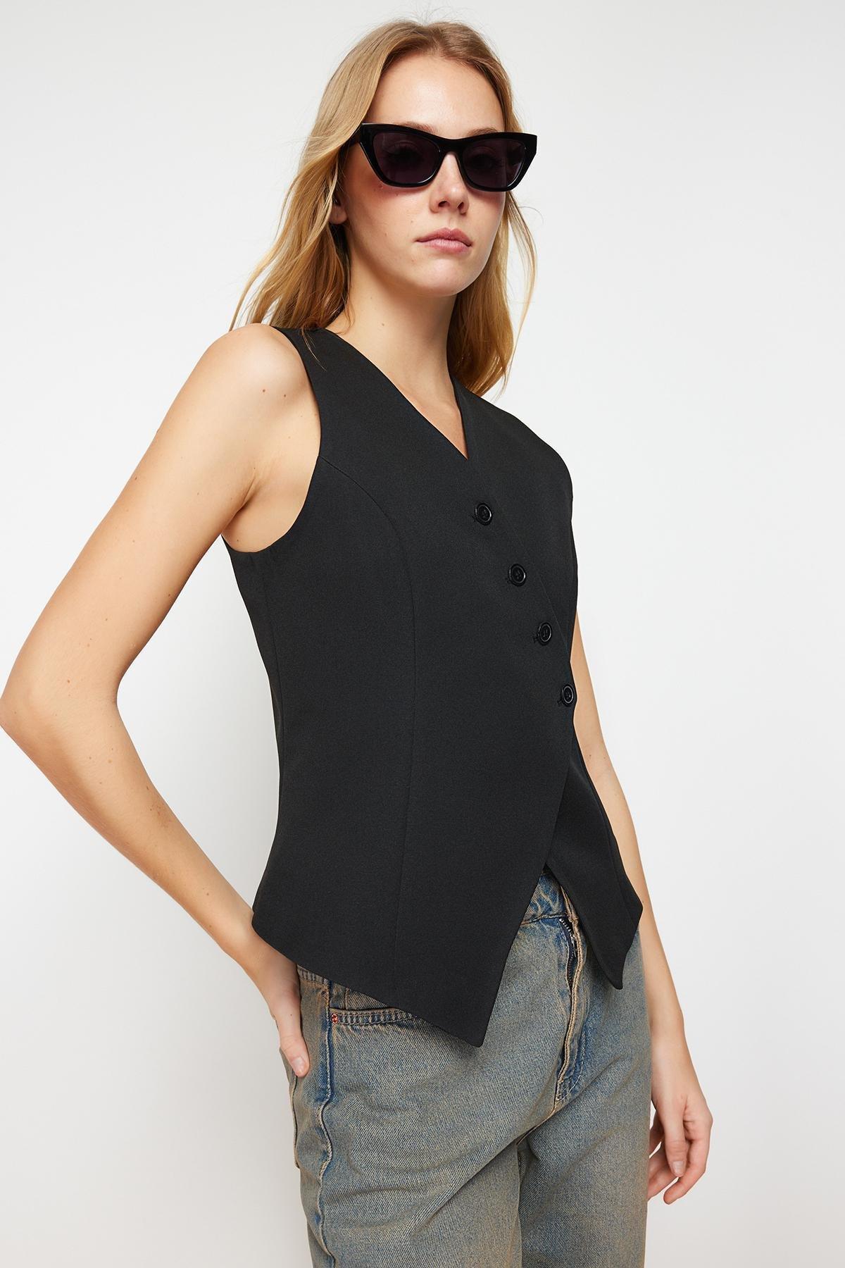 Black Buttoned Woven Vest, , large image number 2