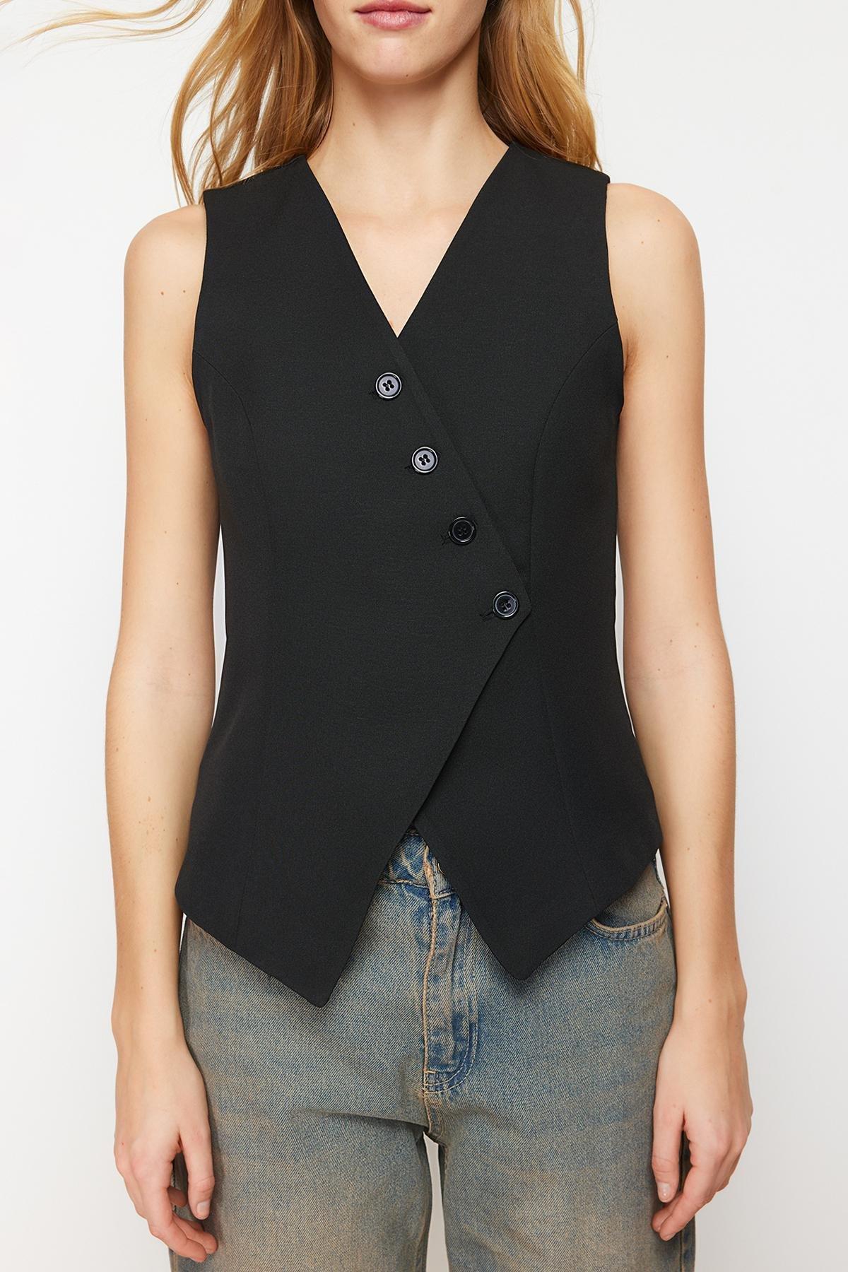 Black Buttoned Woven Vest, , large image number 3