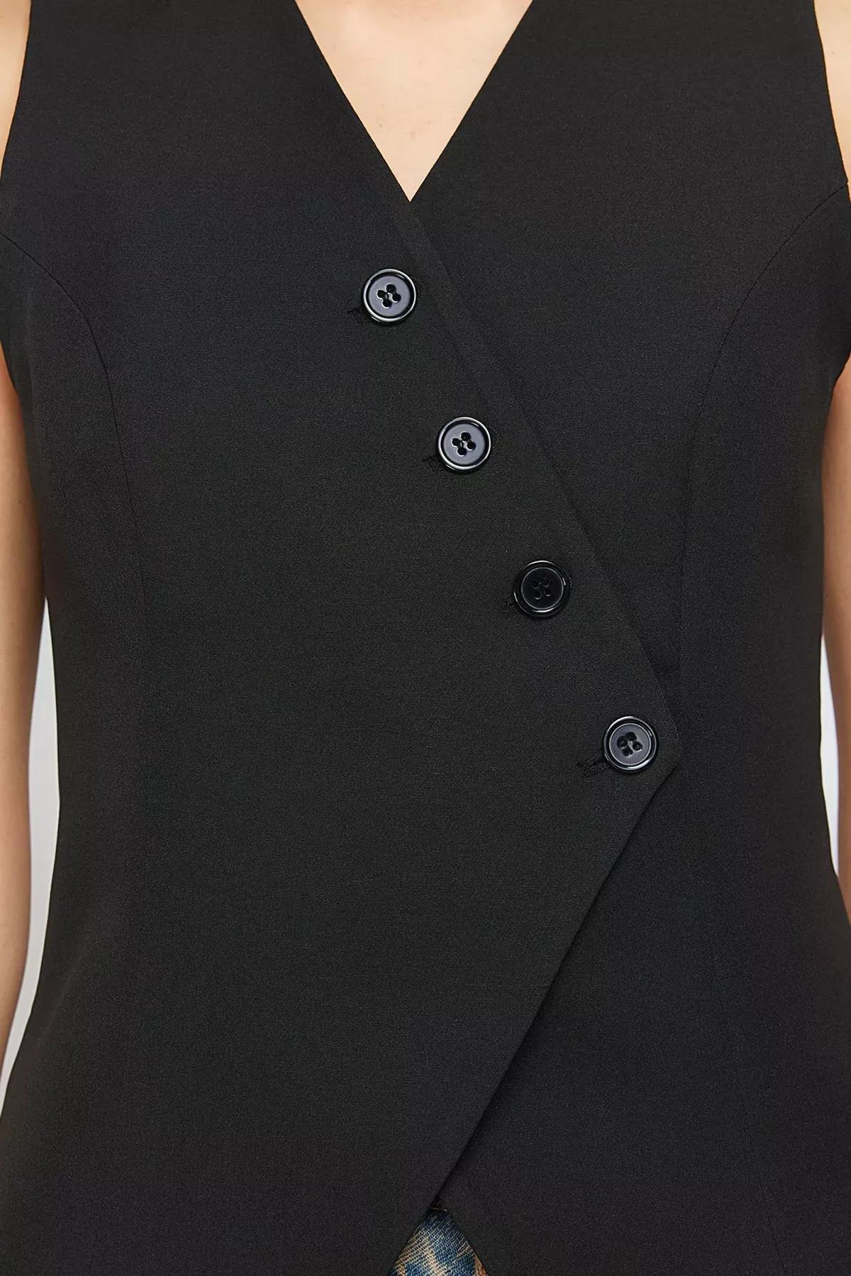 Black Buttoned Woven Vest, BLACK, large image number 5
