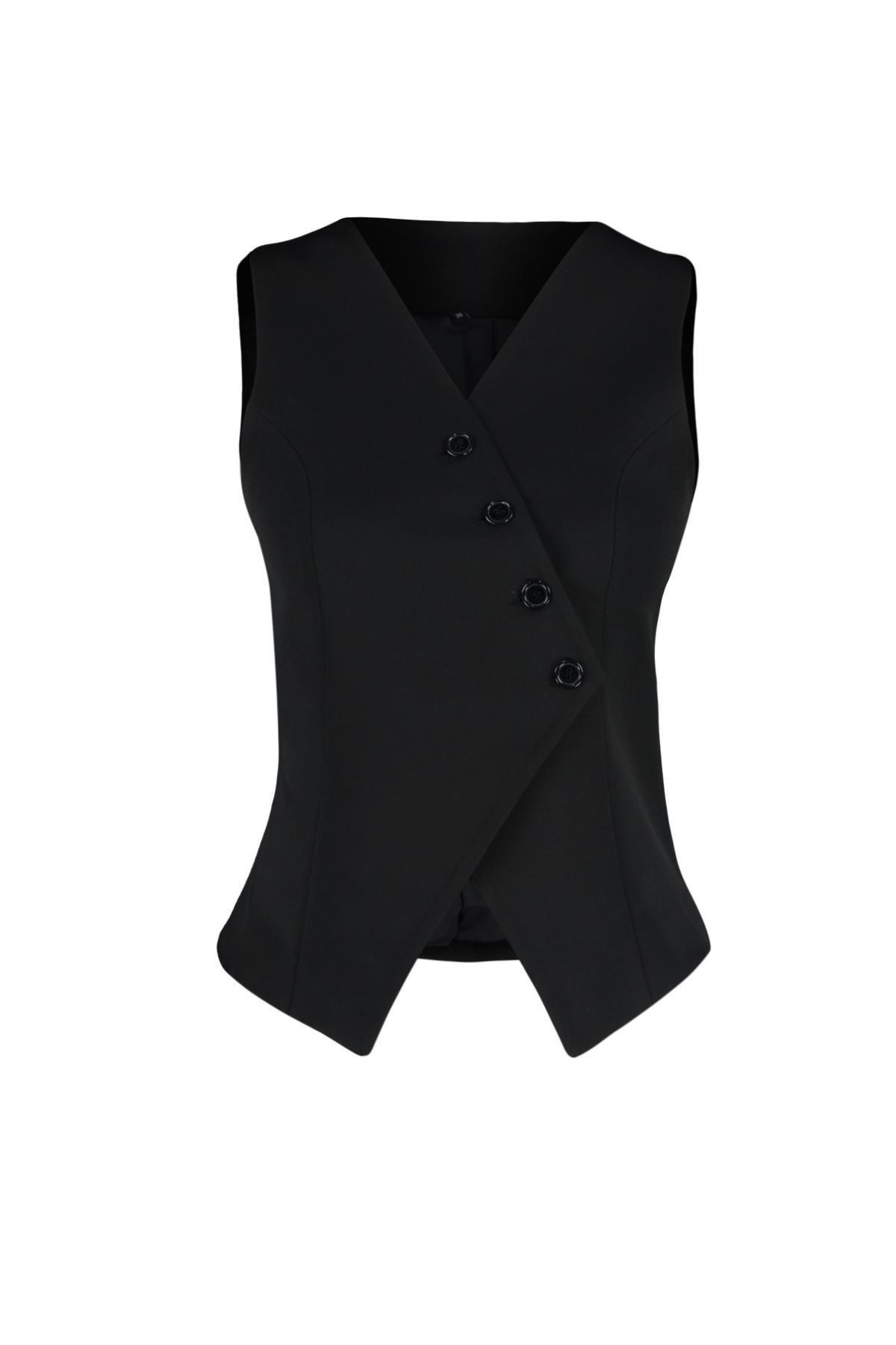 Black Buttoned Woven Vest, , large image number 5