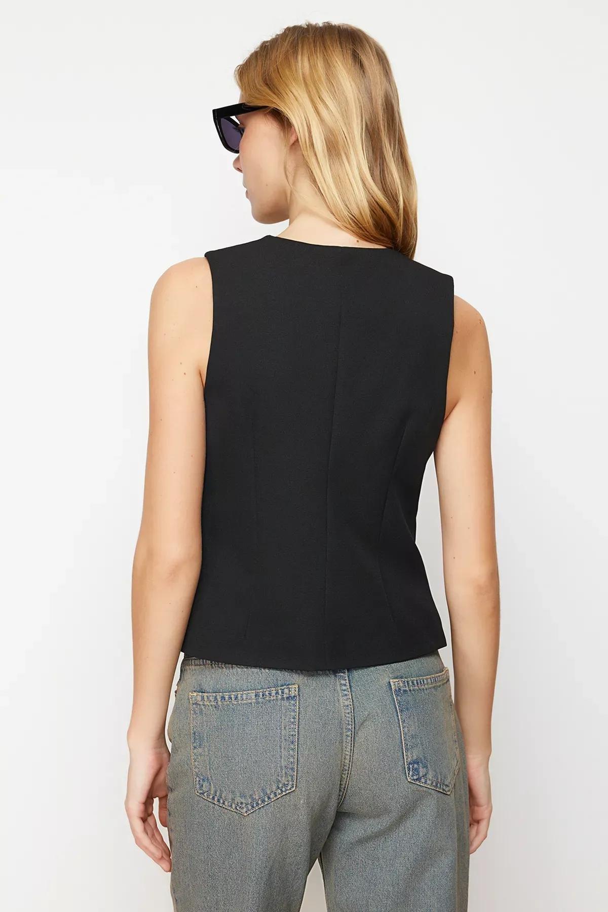 Black Buttoned Woven Vest, BLACK, large image number 6
