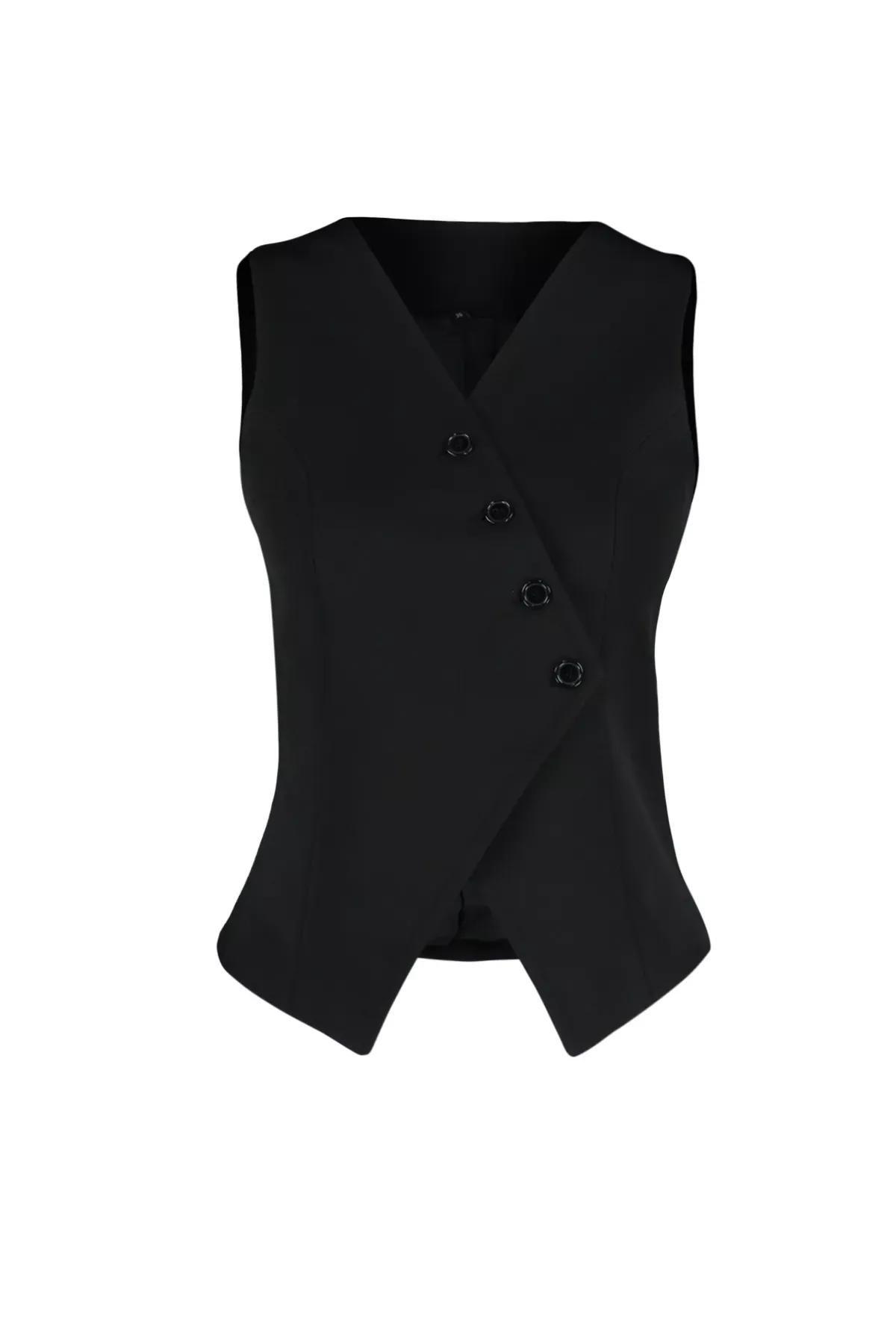 Black Buttoned Woven Vest, BLACK, large image number 7