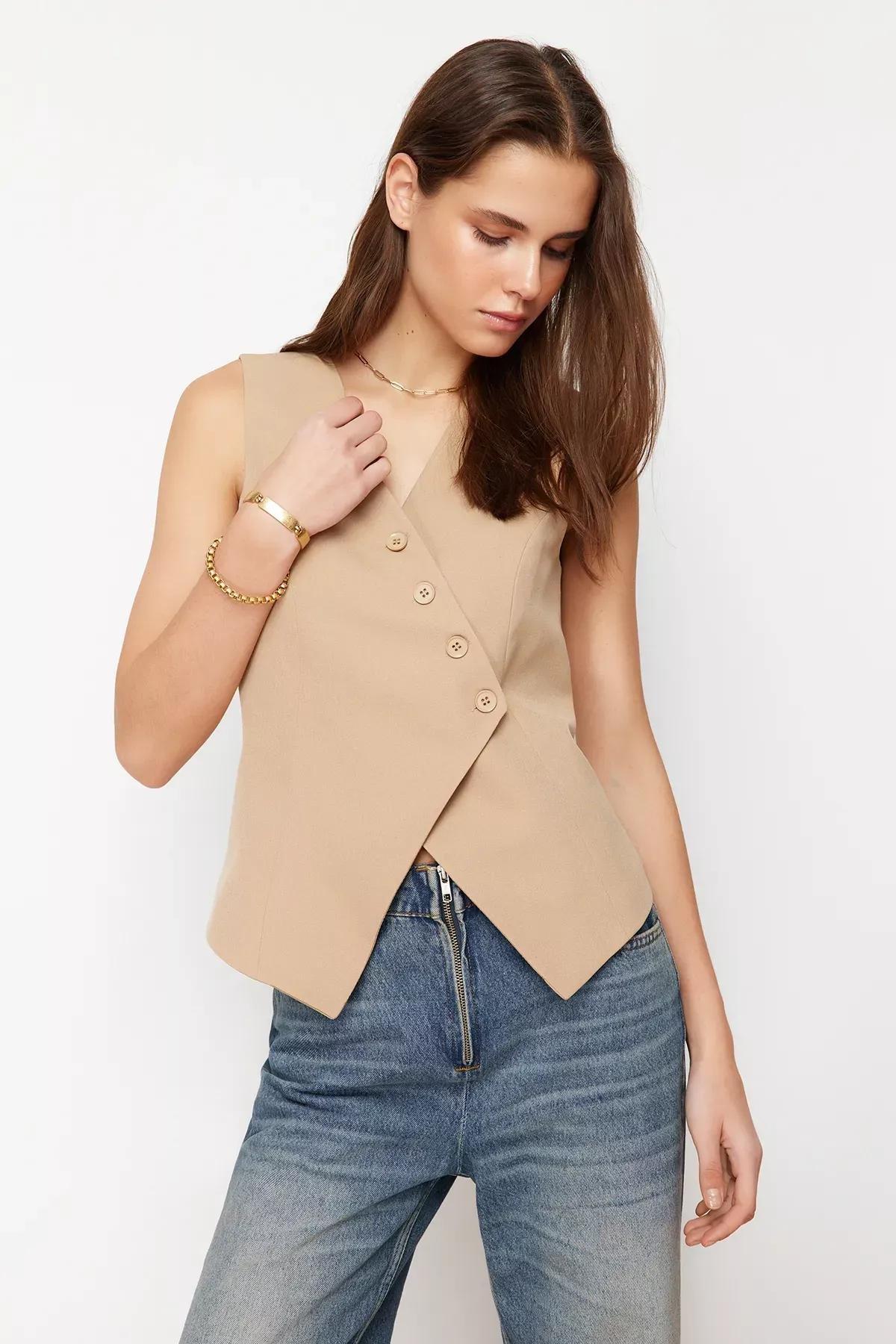 Grey Regular Buttoned Woven Vest, , large image number 0
