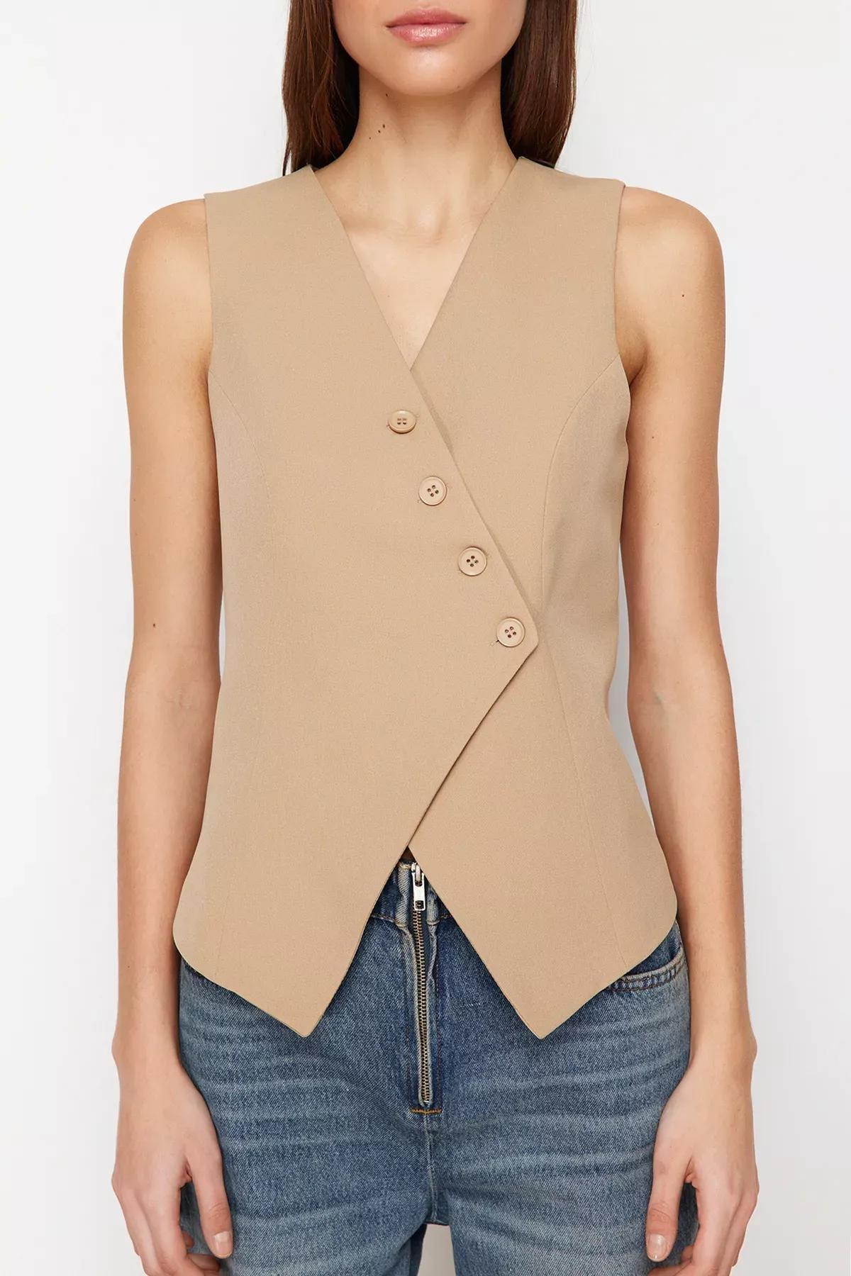 Grey Regular Buttoned Woven Vest, Mink, large image number 3