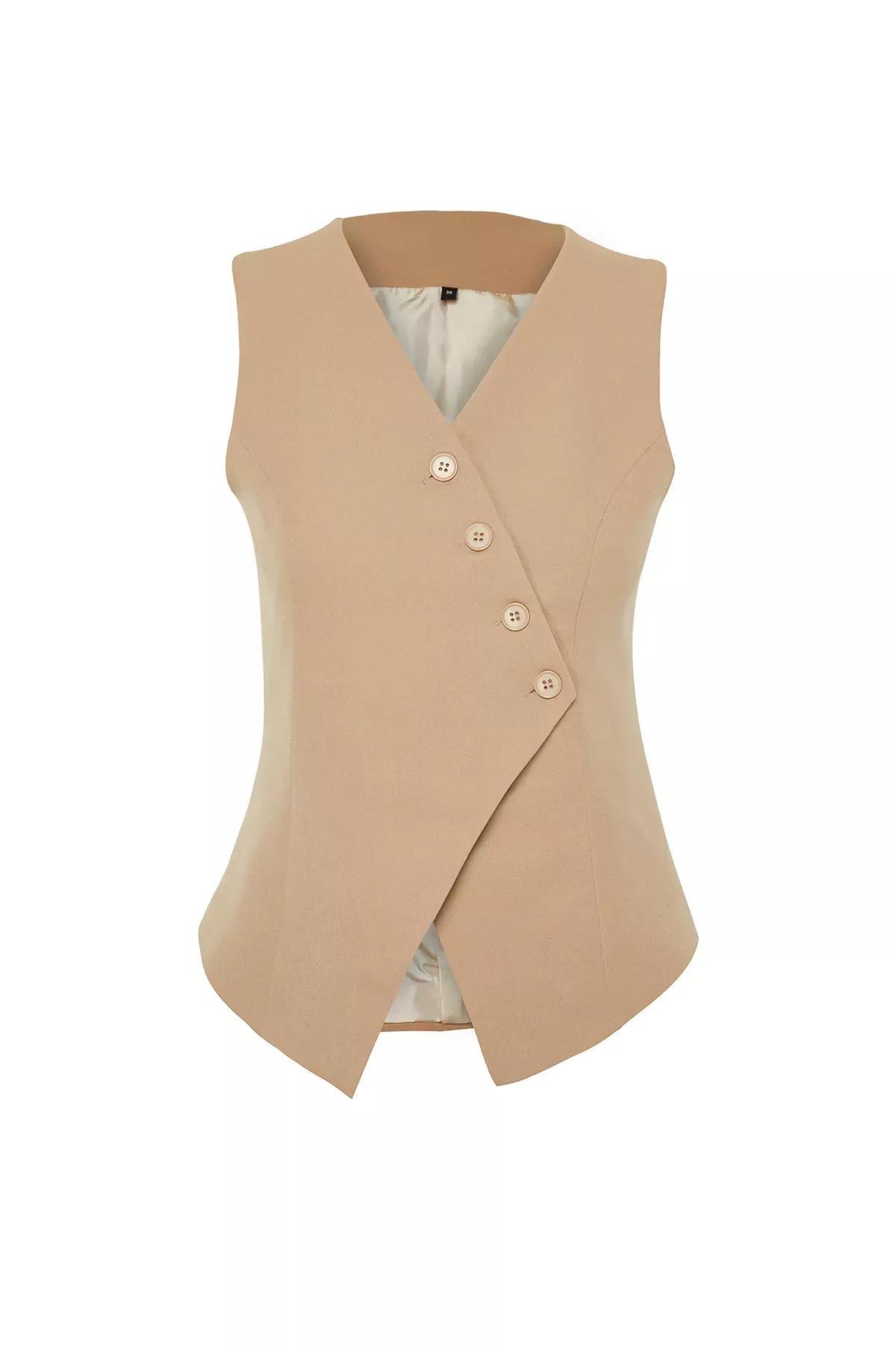 Grey Regular Buttoned Woven Vest, Mink, large image number 5