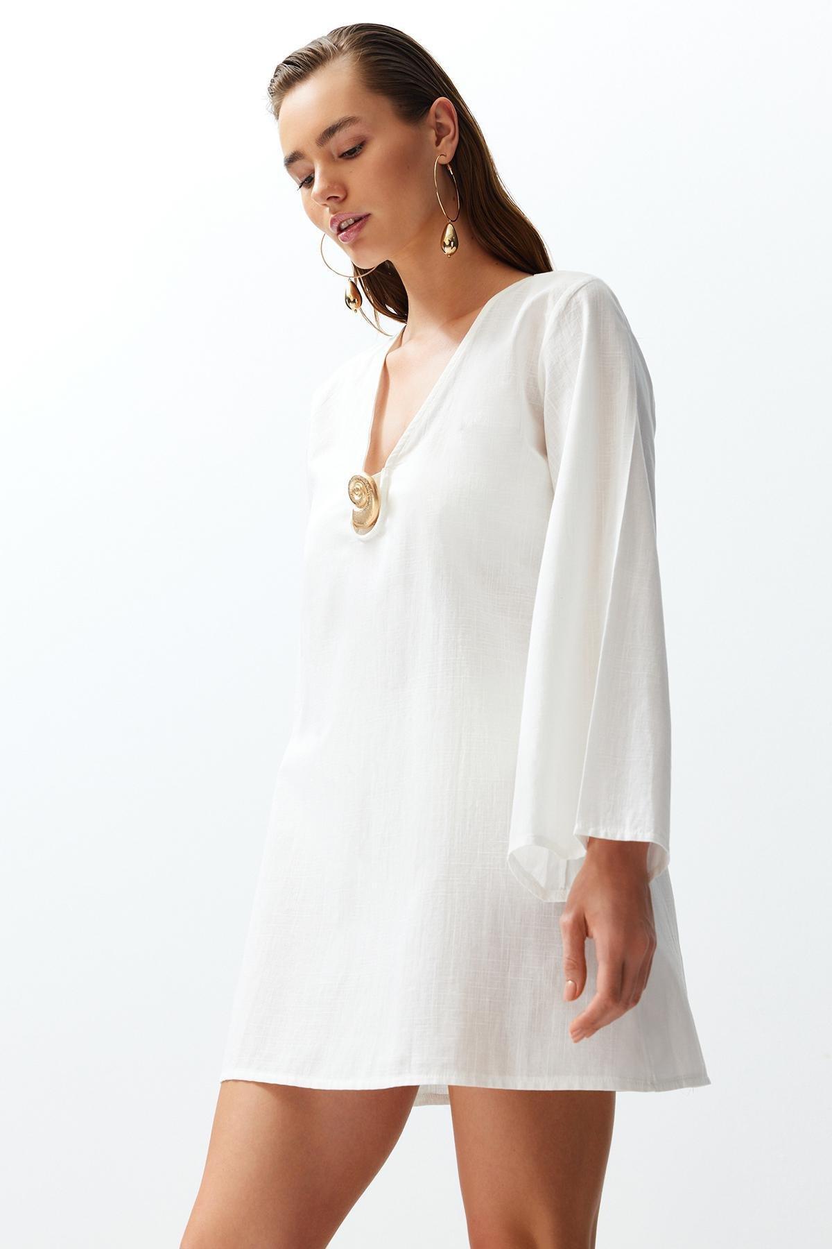 White Mini Woven Accessorized Dress, , large image number 0