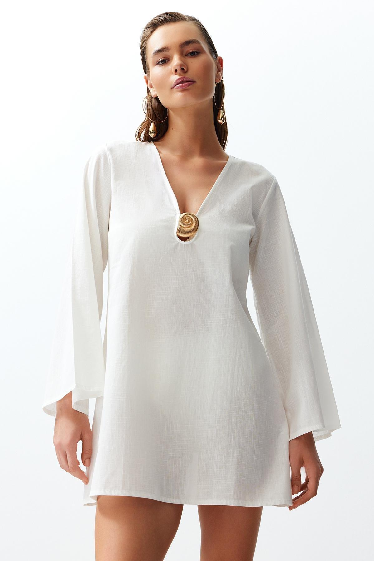 White Mini Woven Accessorized Dress, , large image number 1