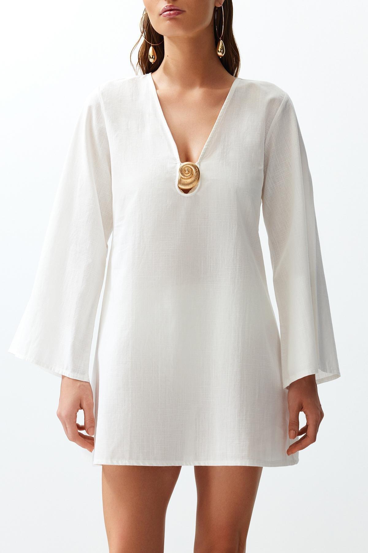 White Mini Woven Accessorized Dress, , large image number 4