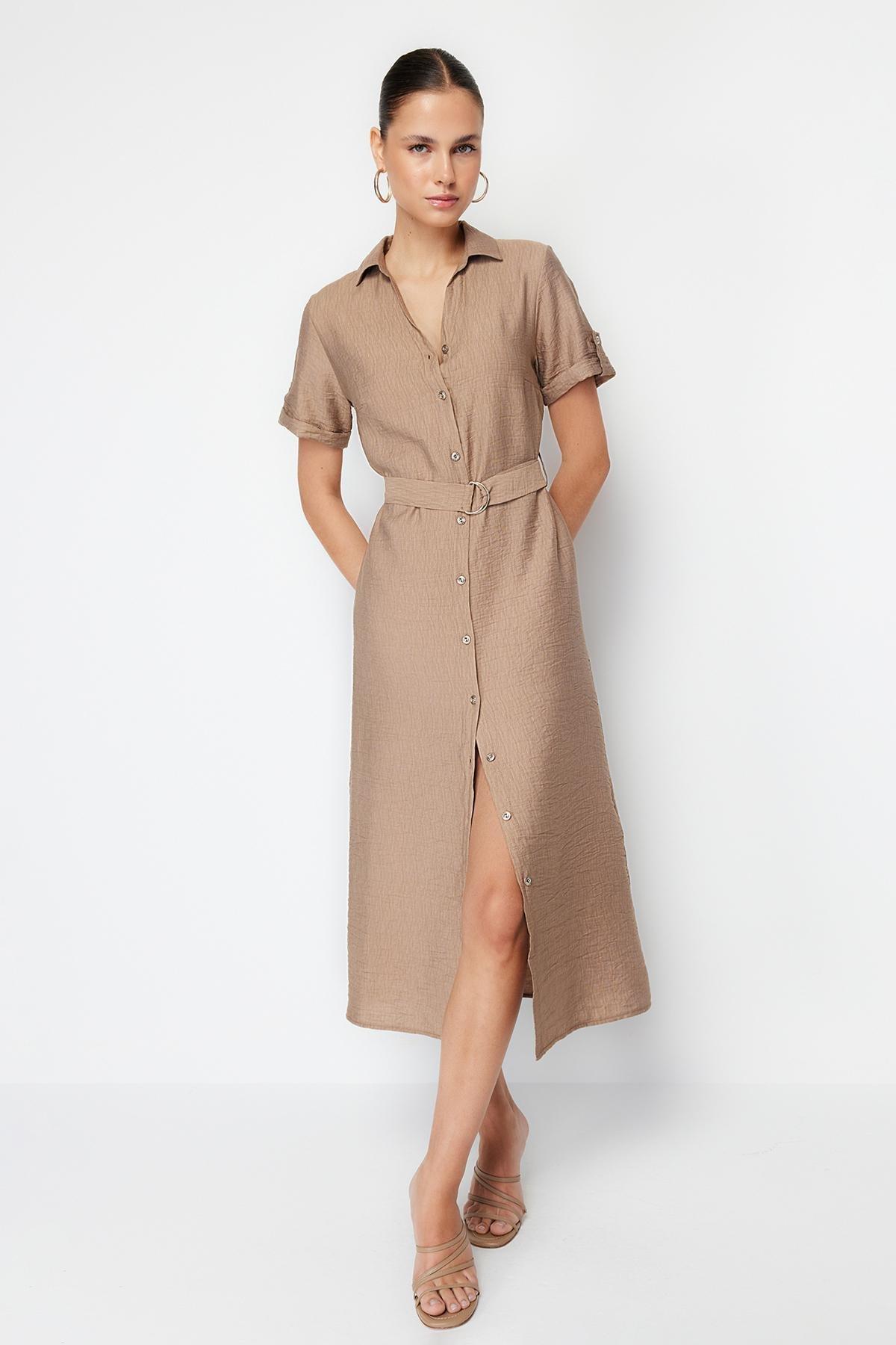 Beige Belted Midi Shirt Dress, , large image number 0