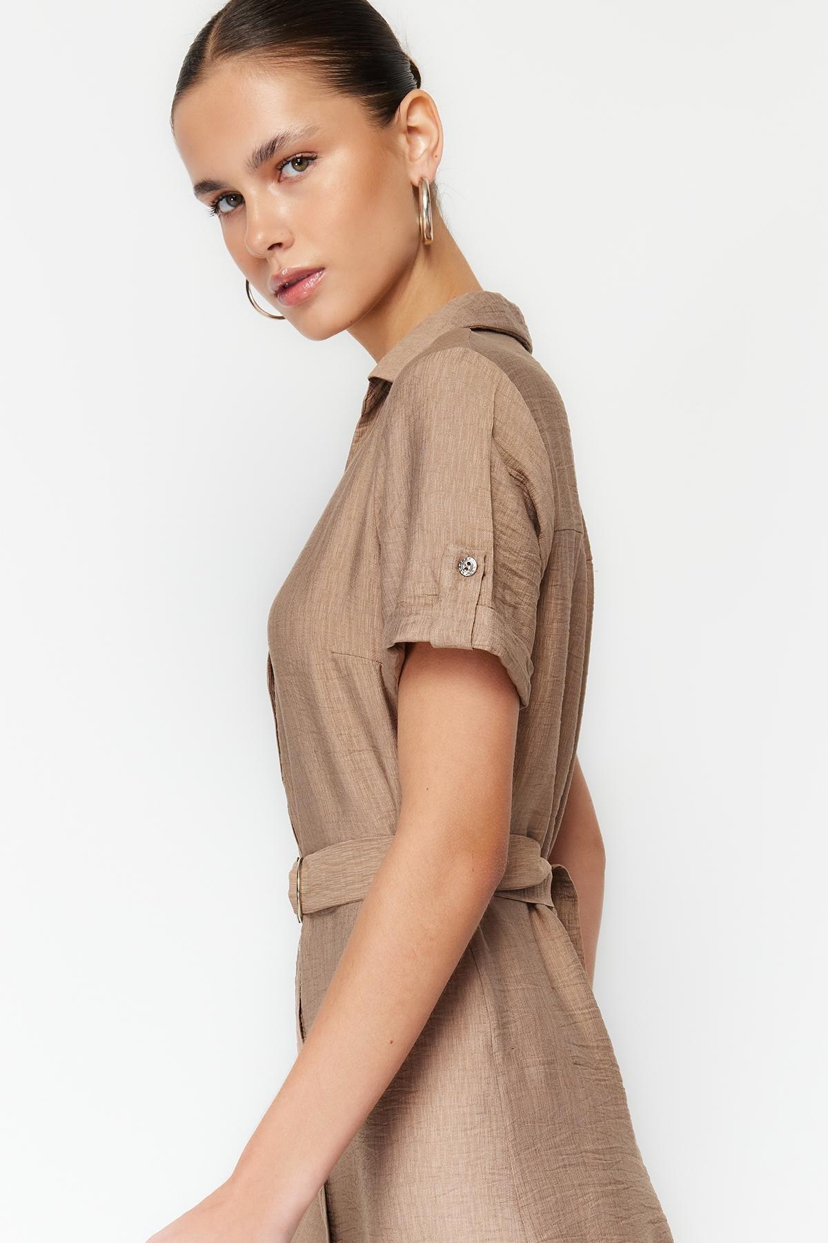 Beige Belted Midi Shirt Dress, , large image number 1