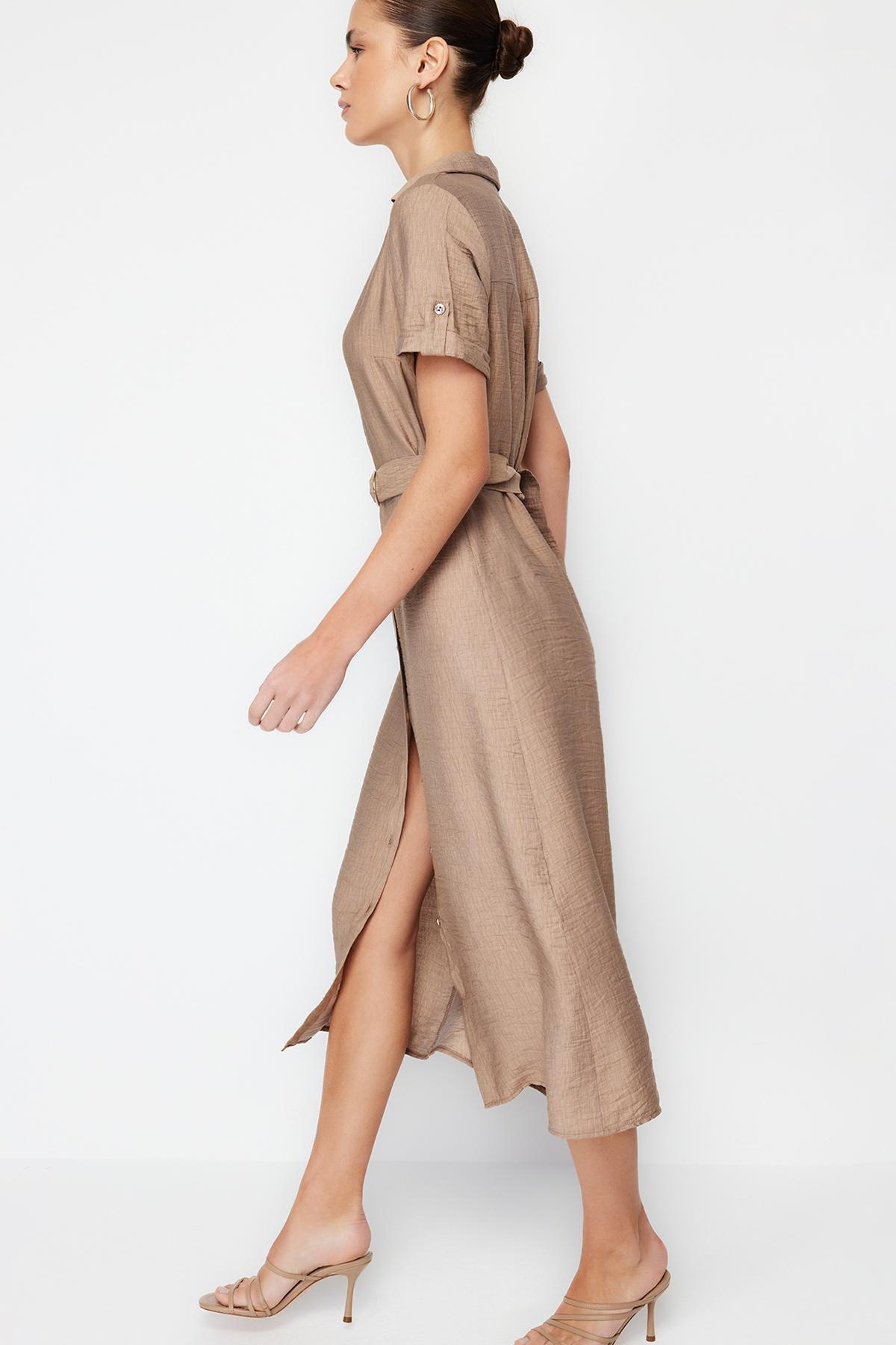 Beige Belted Midi Shirt Dress, , large image number 2