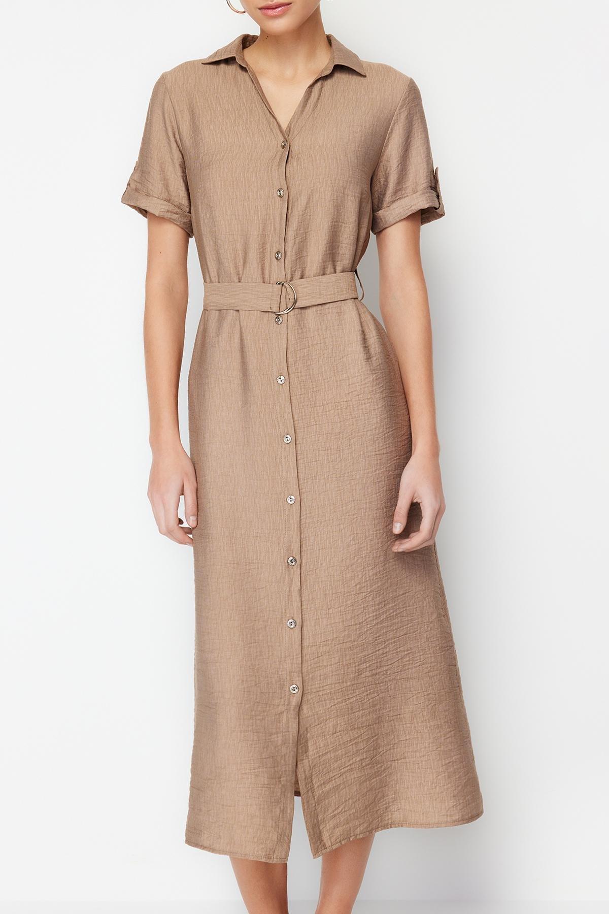 Beige Belted Midi Shirt Dress, , large image number 3