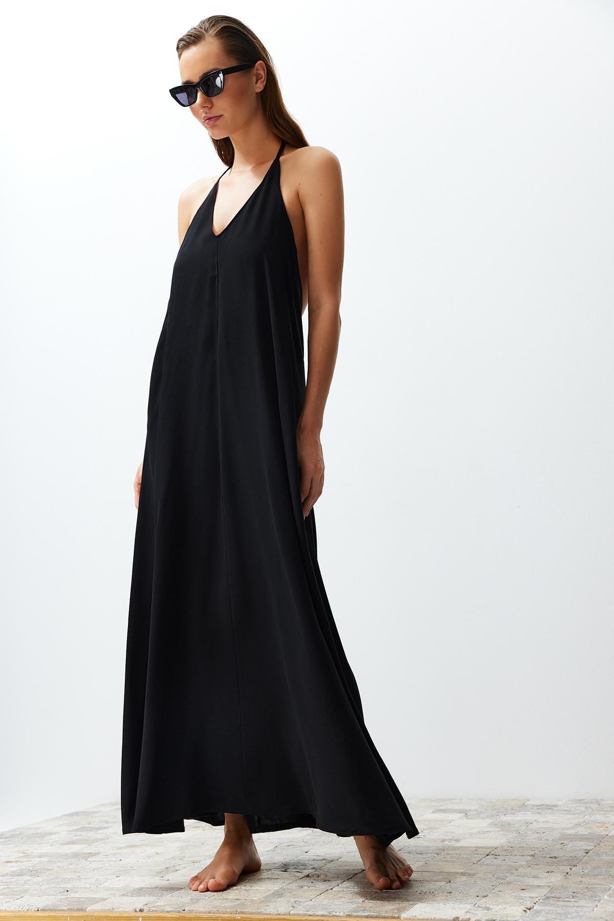 Black Maxi Woven Decollete Backless Beach Dress TBESS24EL00022, , medium