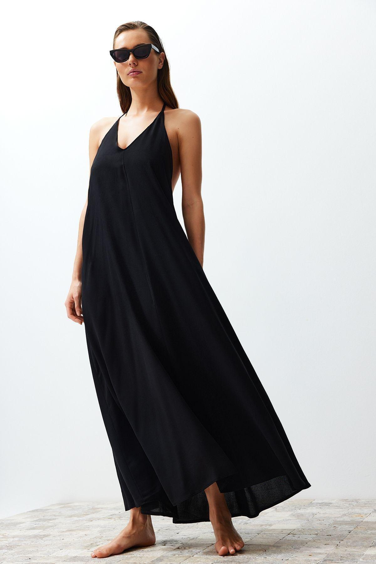 Black Maxi Woven Decollete Backless Beach Dress TBESS24EL00022, , large image number 1