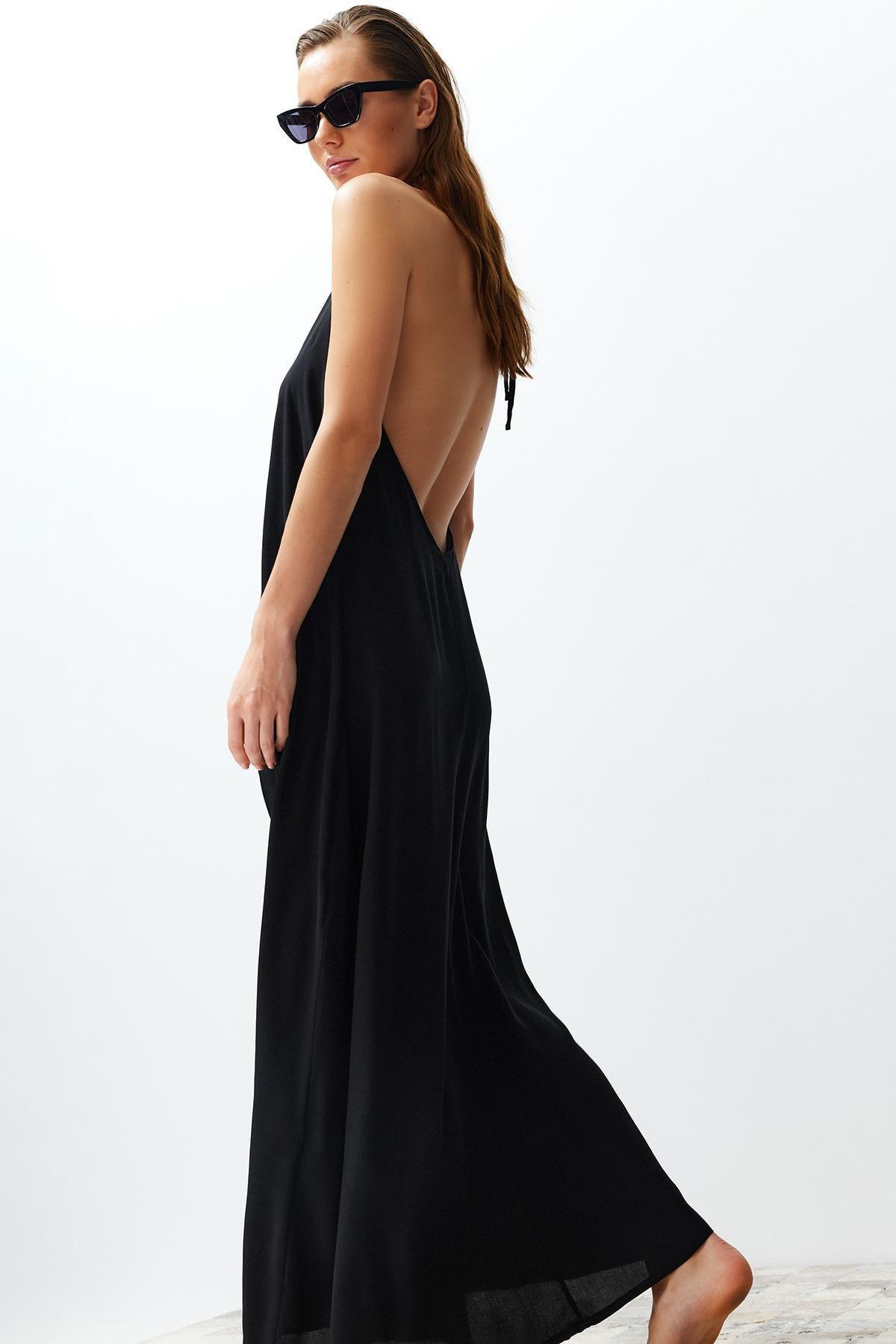 Black Maxi Woven Decollete Backless Beach Dress TBESS24EL00022, , large image number 2