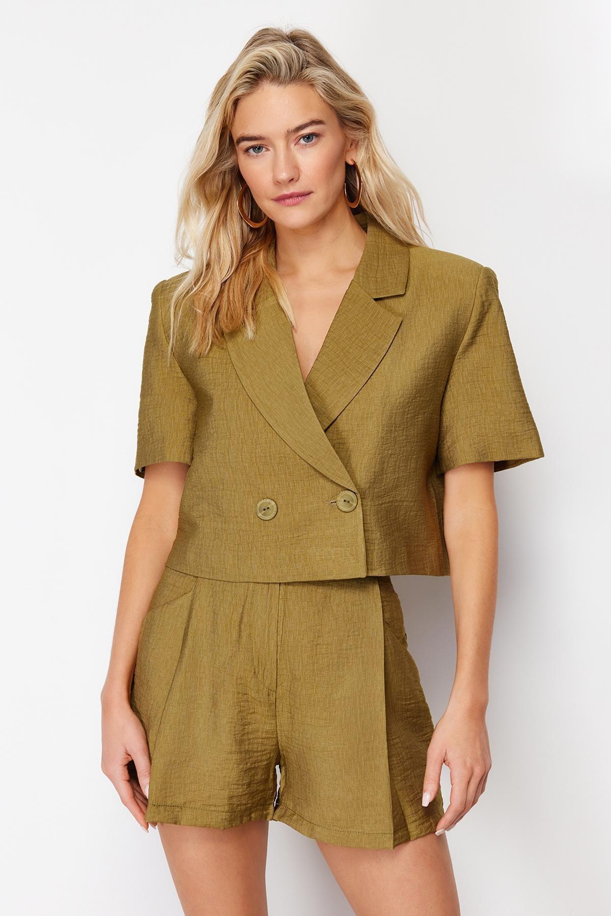 Khaki Short Sleeve Blazer Jacket, , medium