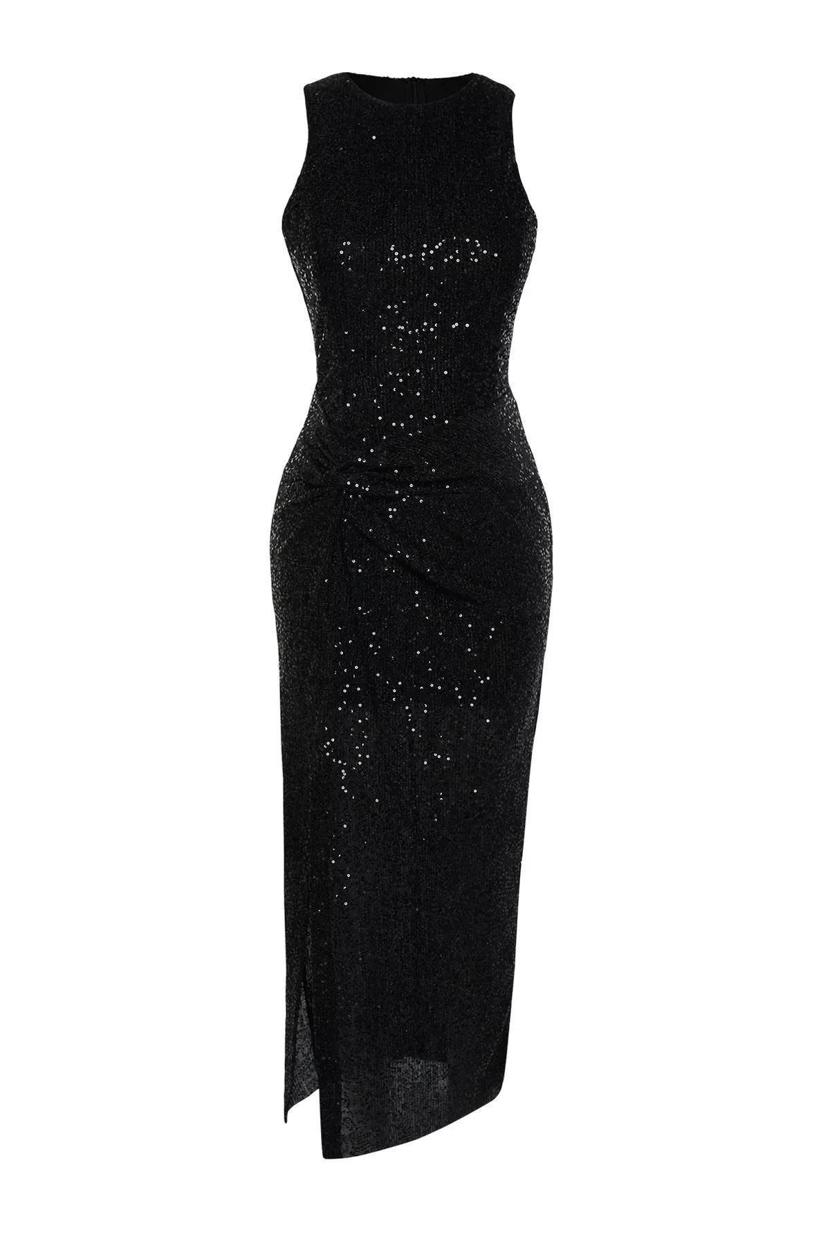 Black Sequined Occasion Wear Dress, BLACK, large image number 5
