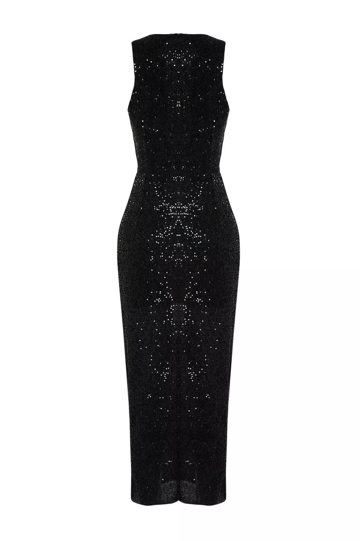 Black Sequined Occasion Wear Dress, BLACK, large image number 6