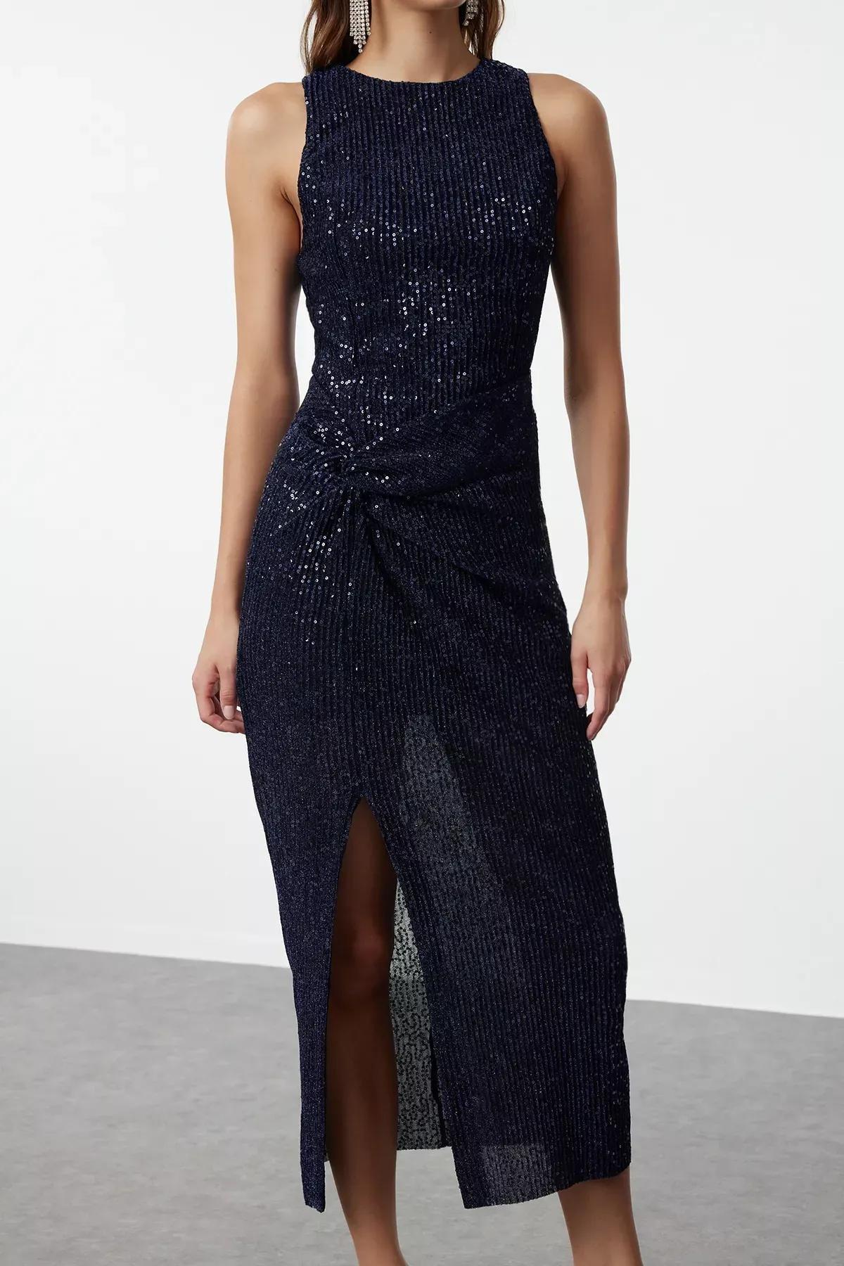 Navy Knitted Sequined Occasionwear Dress, , large image number 2