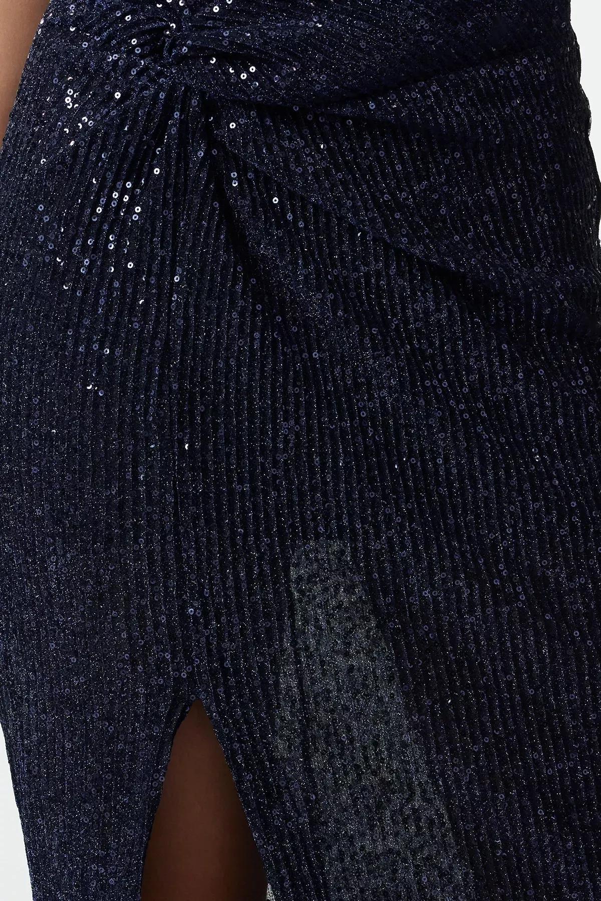 Navy Knitted Sequined Occasionwear Dress, , large image number 3