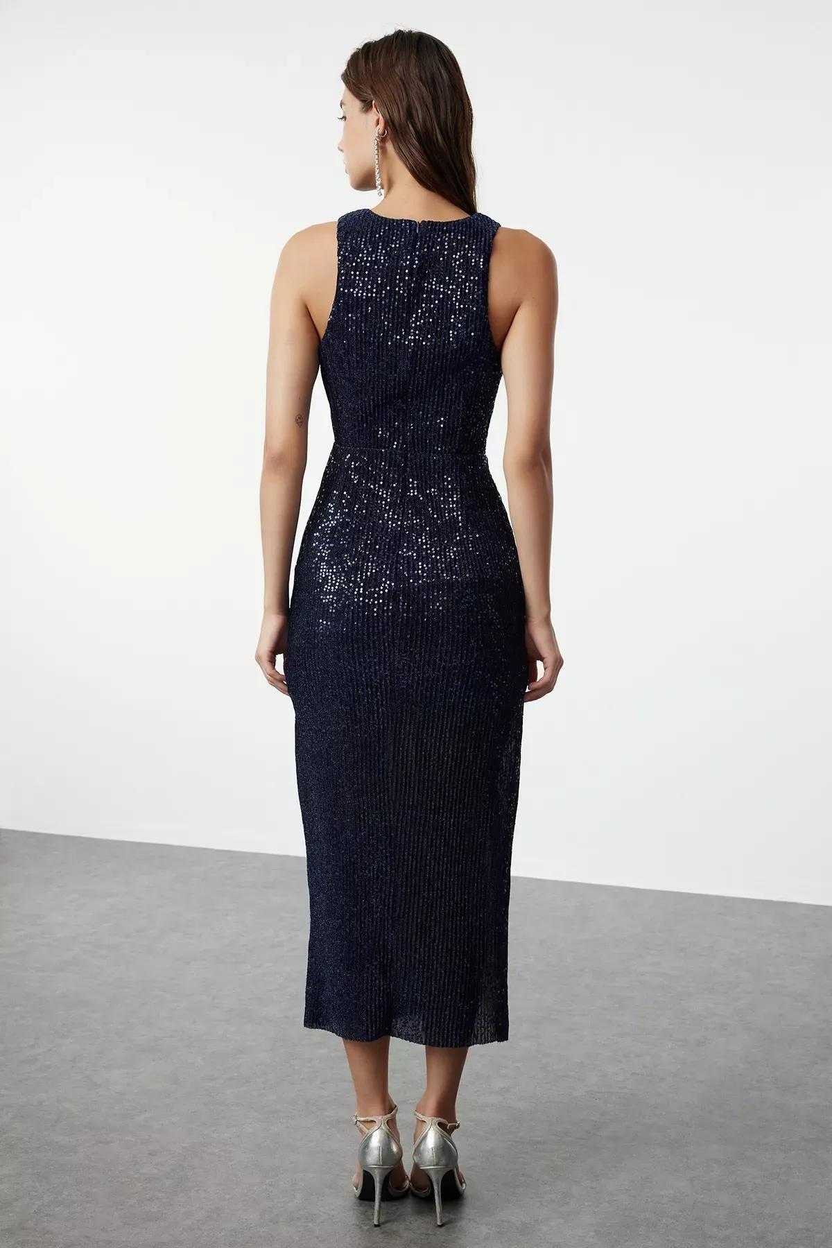 Navy Knitted Sequined Occasionwear Dress, , large image number 4