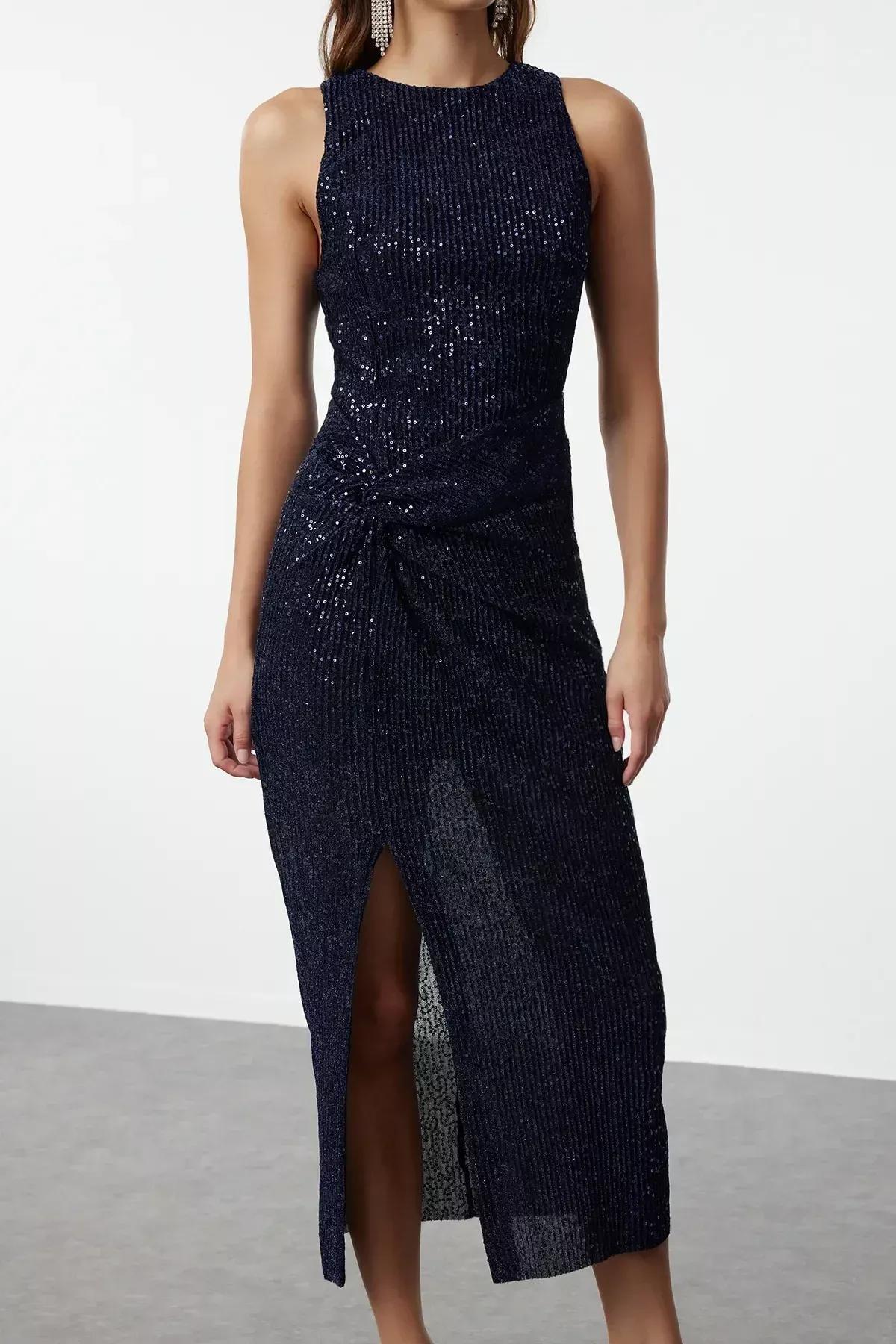 Navy Knitted Sequined Occasionwear Dress, Navy blue, medium